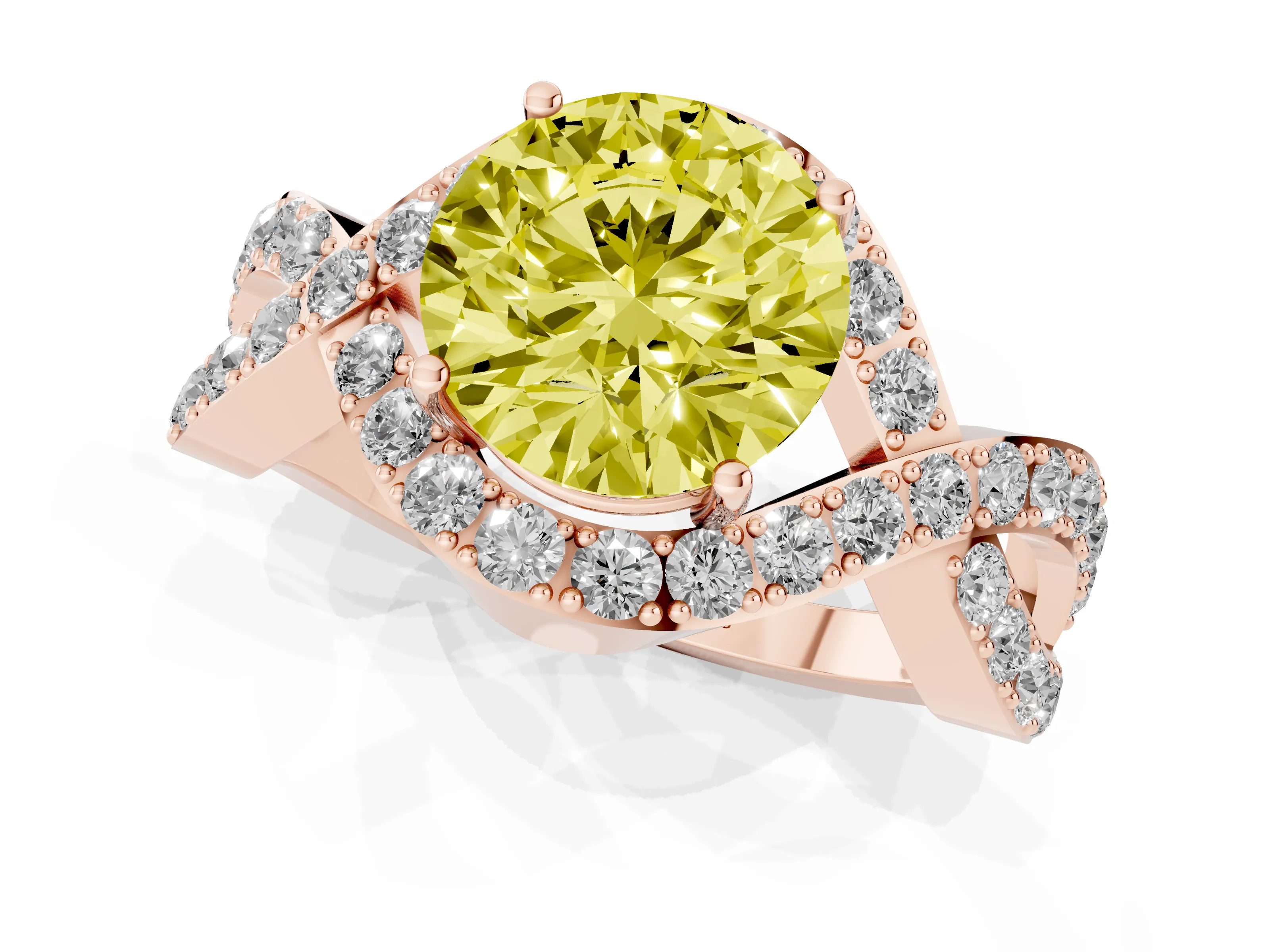 Fancy Yellow Round Cut Diamond Solitaire Twist Band Pavé Engagement Ring Set in Rose gold