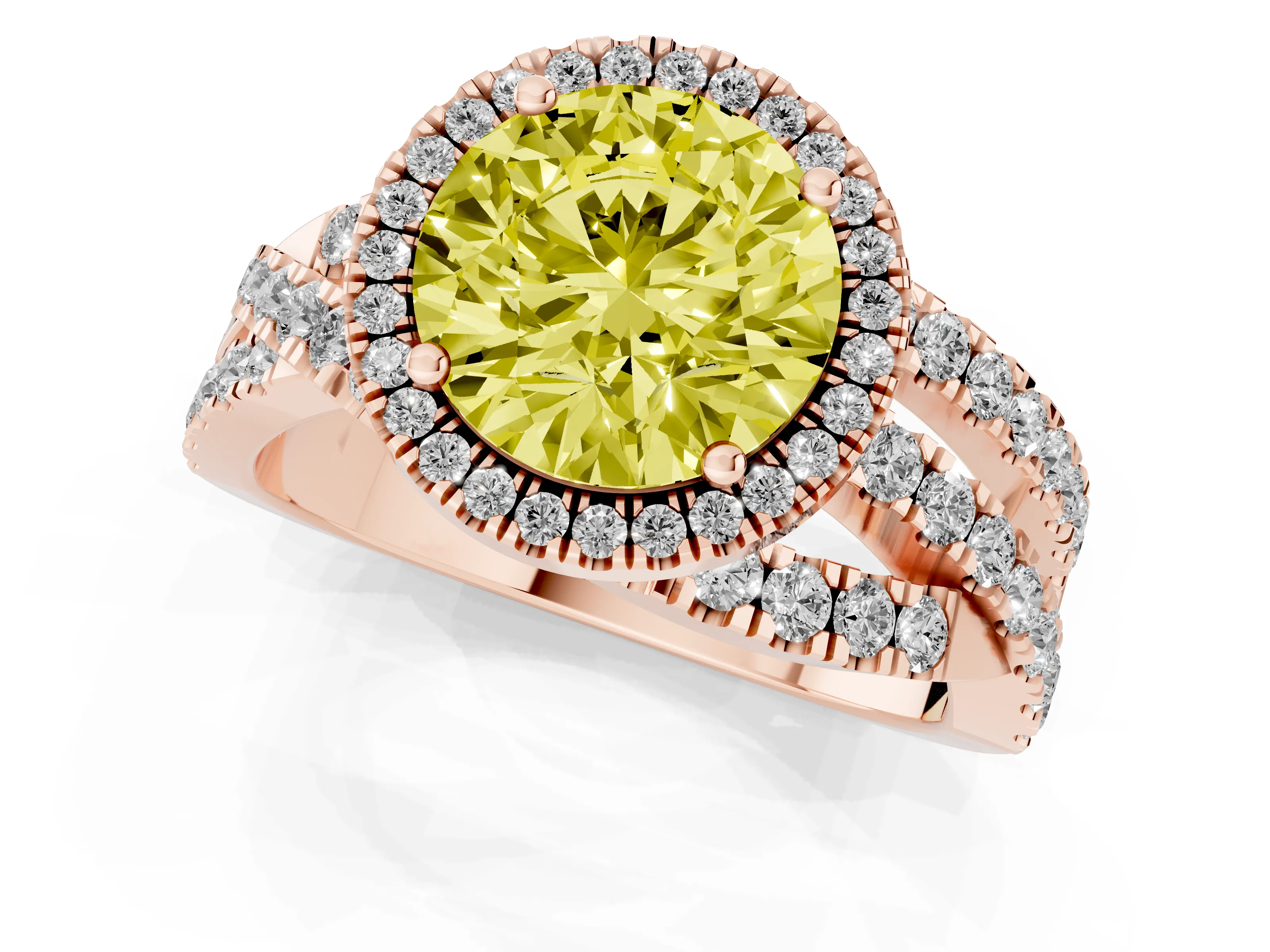 Fancy Yellow Round Cut Diamond Halo Ring Set in Rose gold with Round Crossover Split Shank and Prong Setting