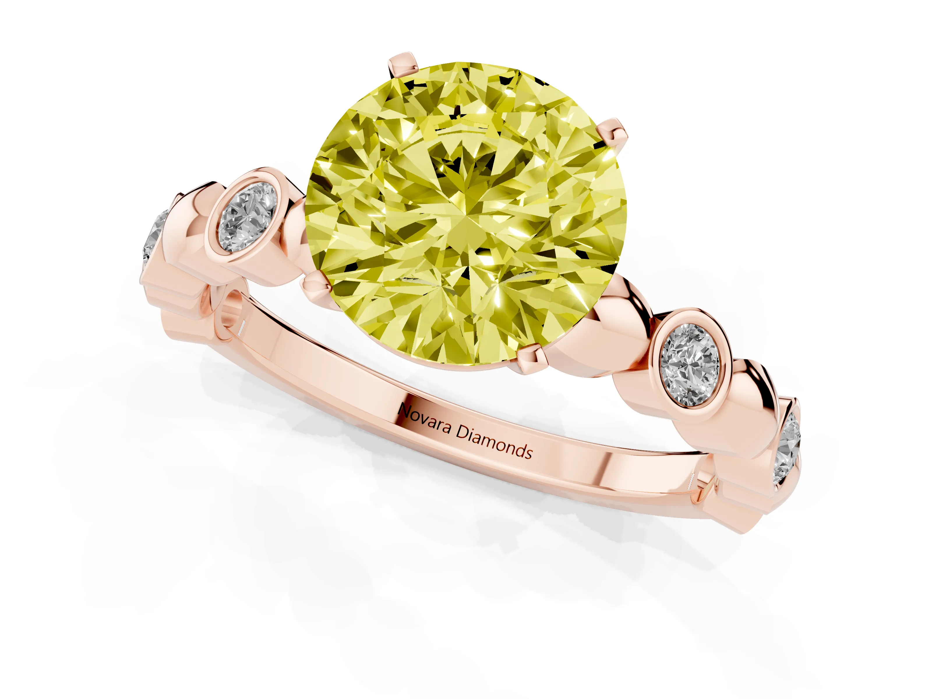 Fancy Yellow Round Cut Diamond Solitaire Ring Set in Rose gold with Bezel-Set Accents on Beaded Band and Prong Setting