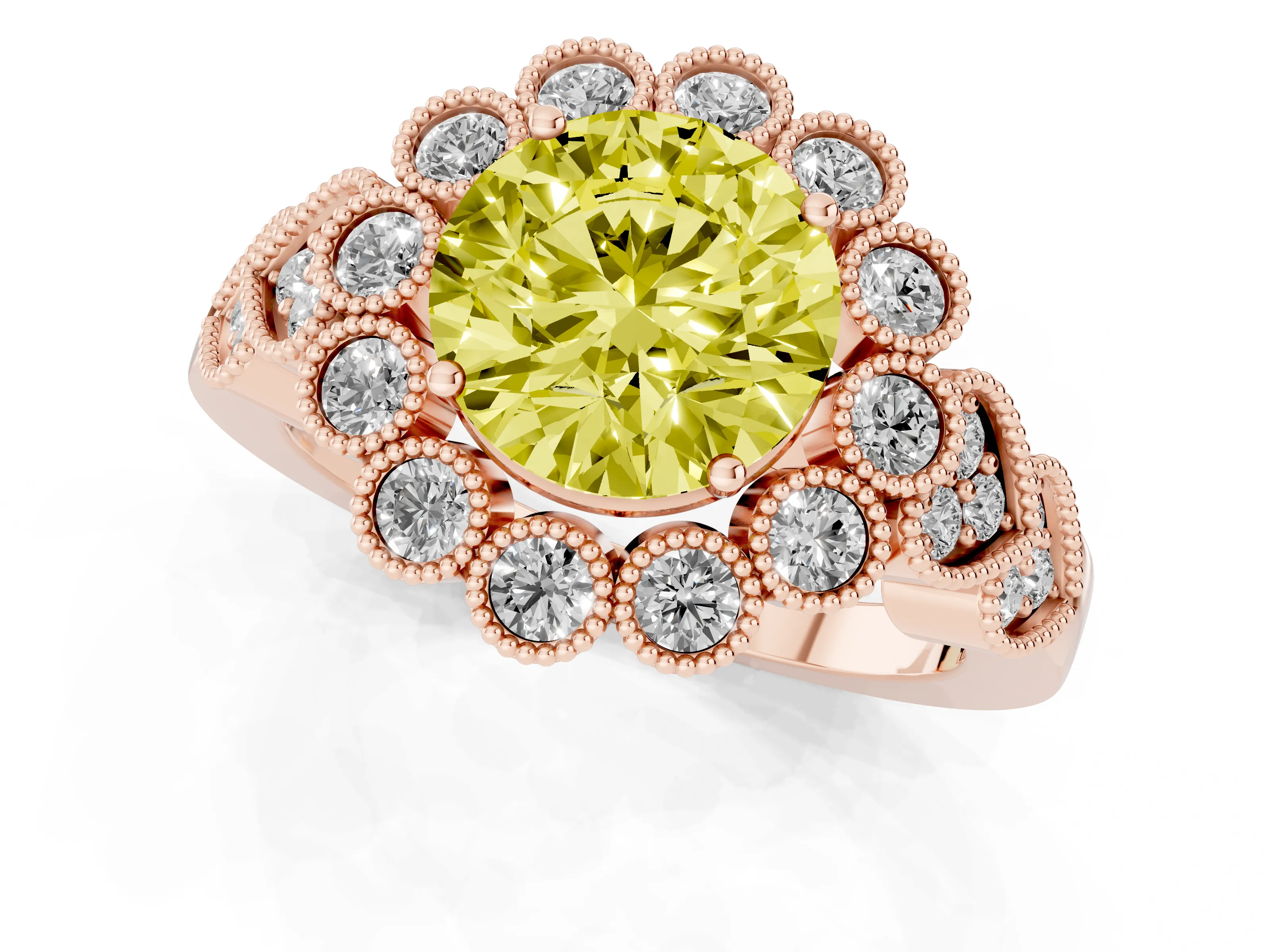 Fancy Yellow Round Cut Diamond Solitaire Ring Set in Rose gold with Milgrain Pavé Heart Band
