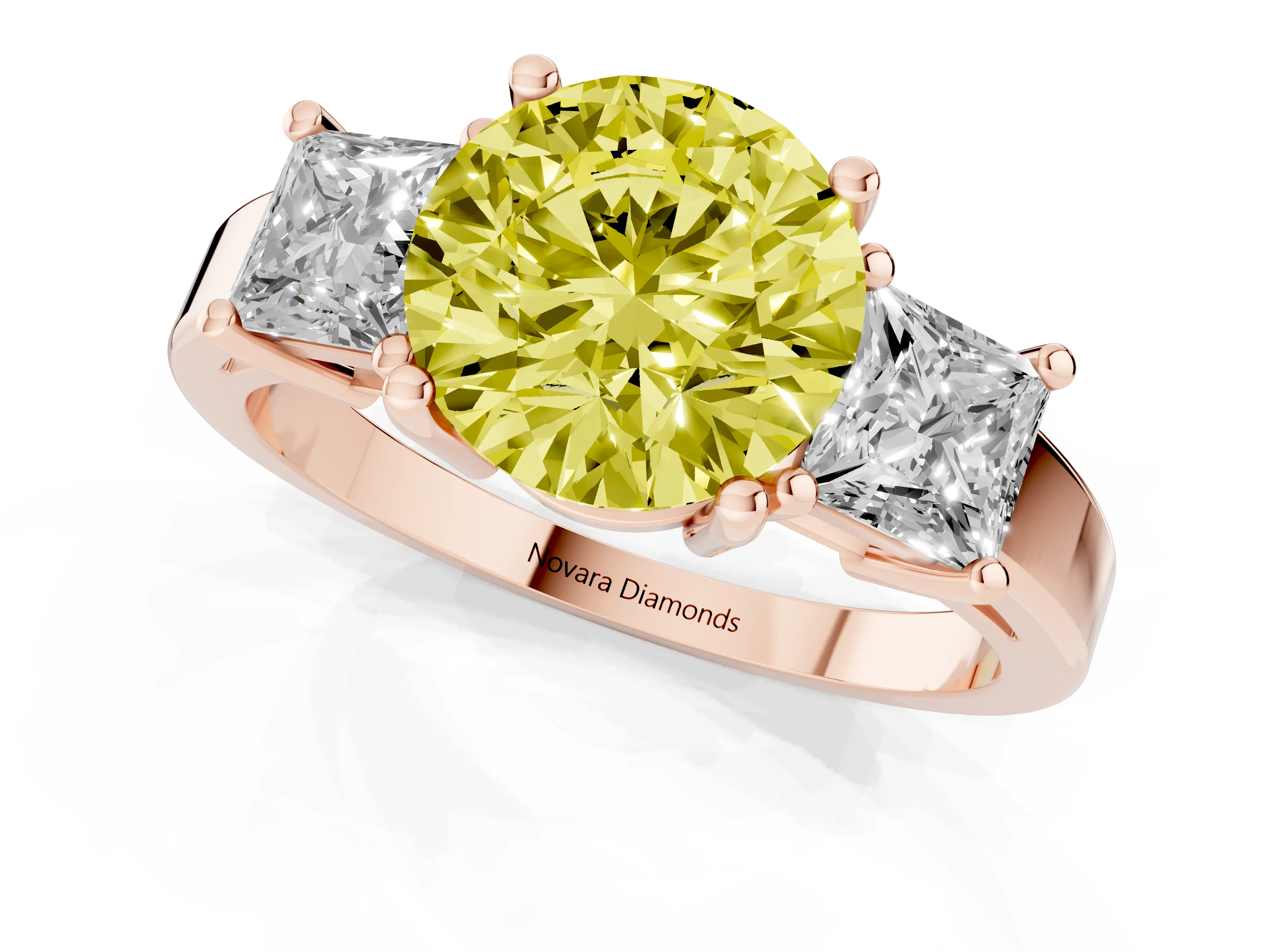 Fancy Yellow Three-Stone Round Cut Diamond Solitaire Ring Set in Rose gold with Prong Setting
