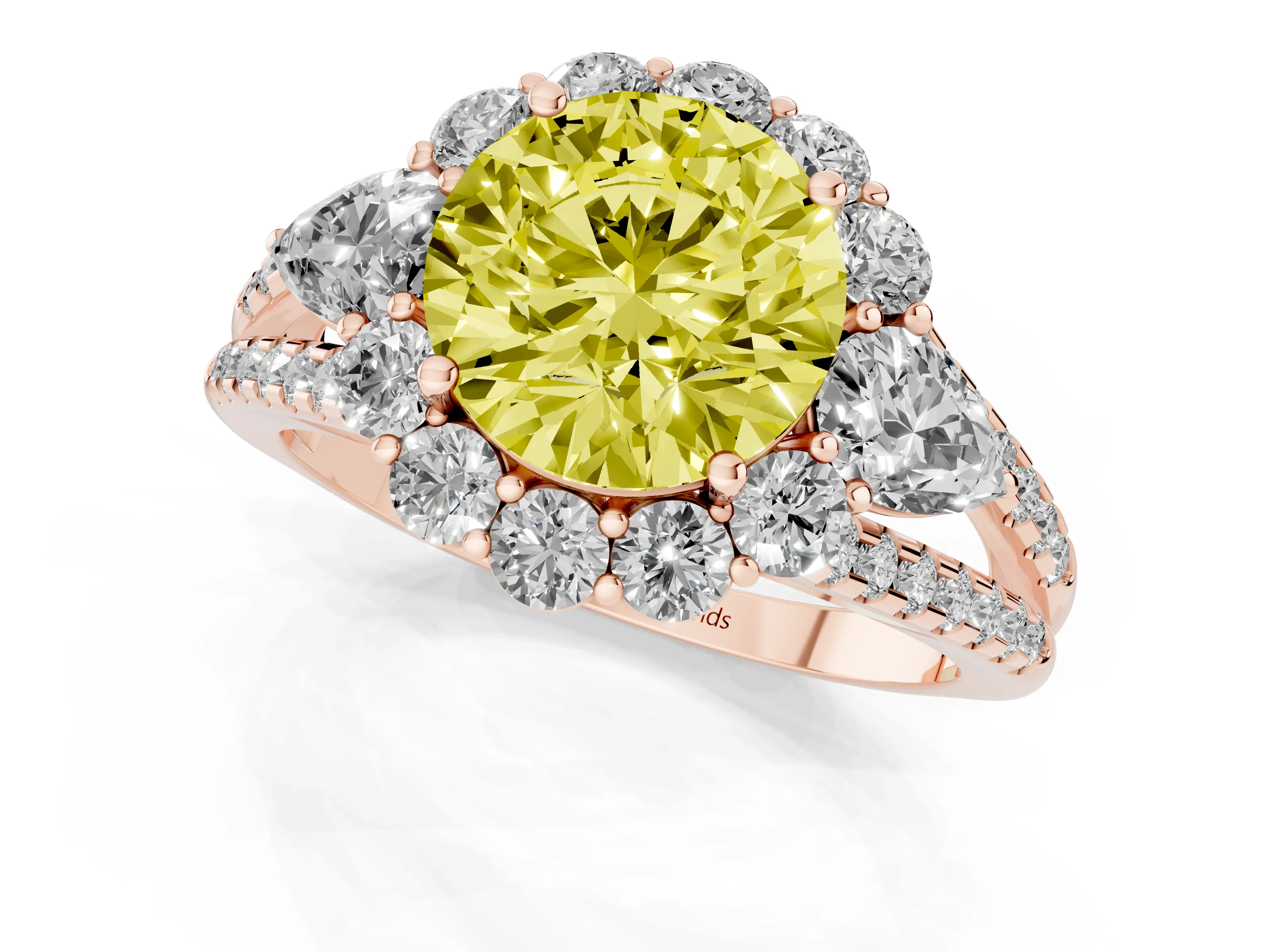 Fancy Yellow Round Cut Diamond Halo Split Shank Engagement Ring Set in Rose gold with Prong-Held Center Stone