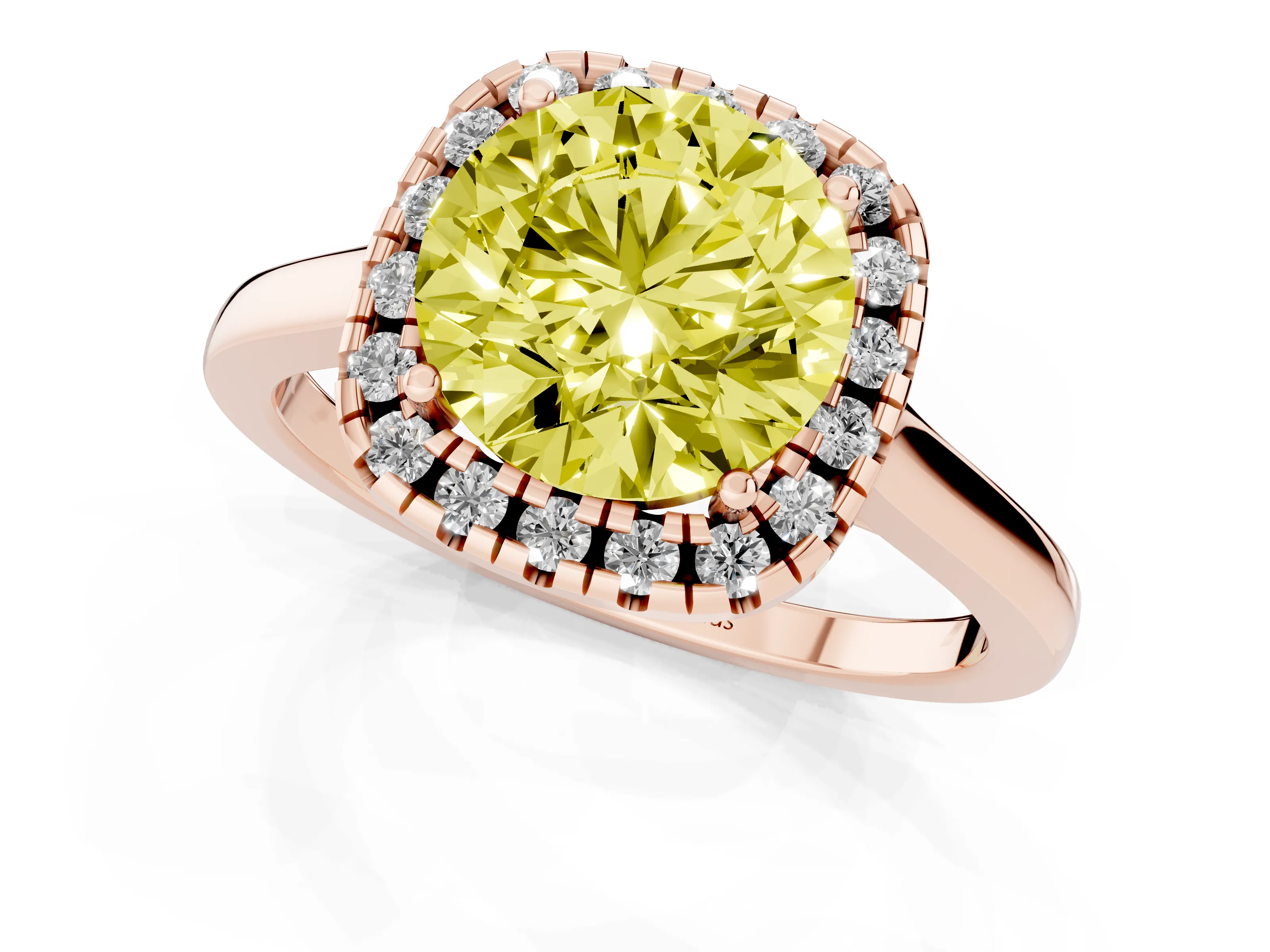 Fancy Yellow Round Cut Halo Round Diamond Solitaire Ring Set in Rose gold with Pavé Band and Prong Setting