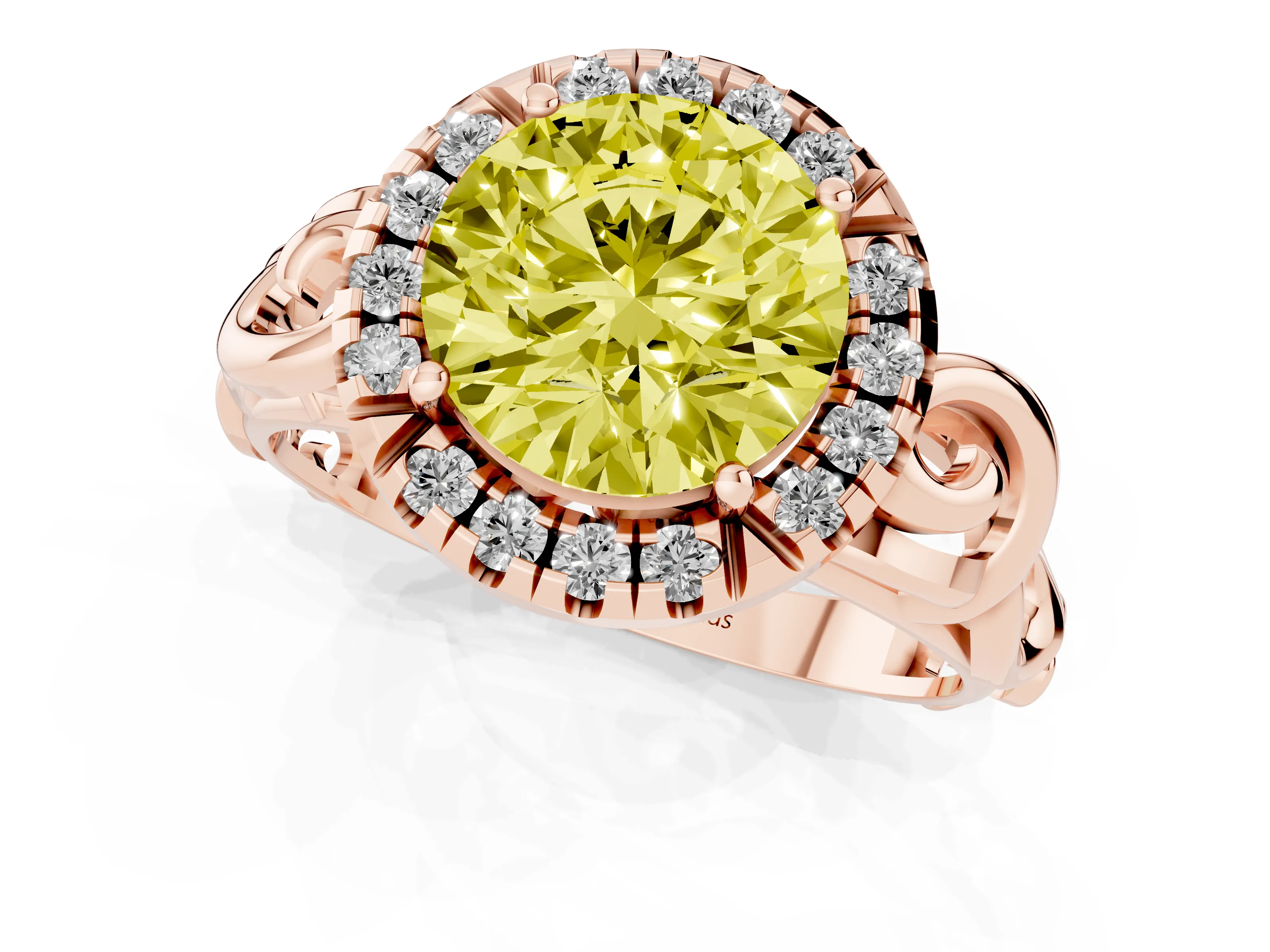 Fancy Yellow Round Cut Diamond Halo Ring Set in Rose gold with Scrollwork Band and Prong Setting