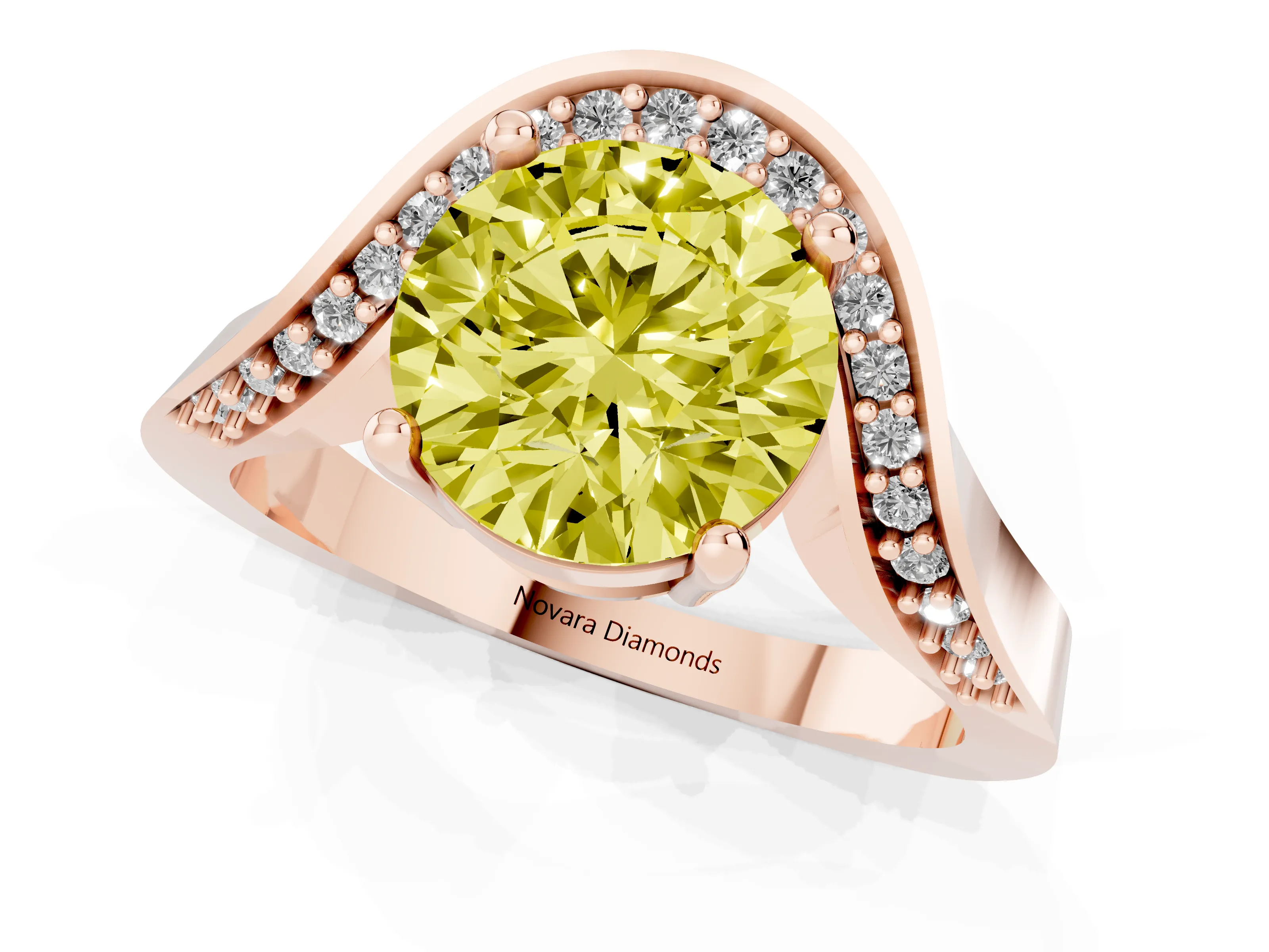 Fancy Yellow Round Cut Diamond Solitaire Engagement Ring Set in Rose gold with Pavé Shoulders