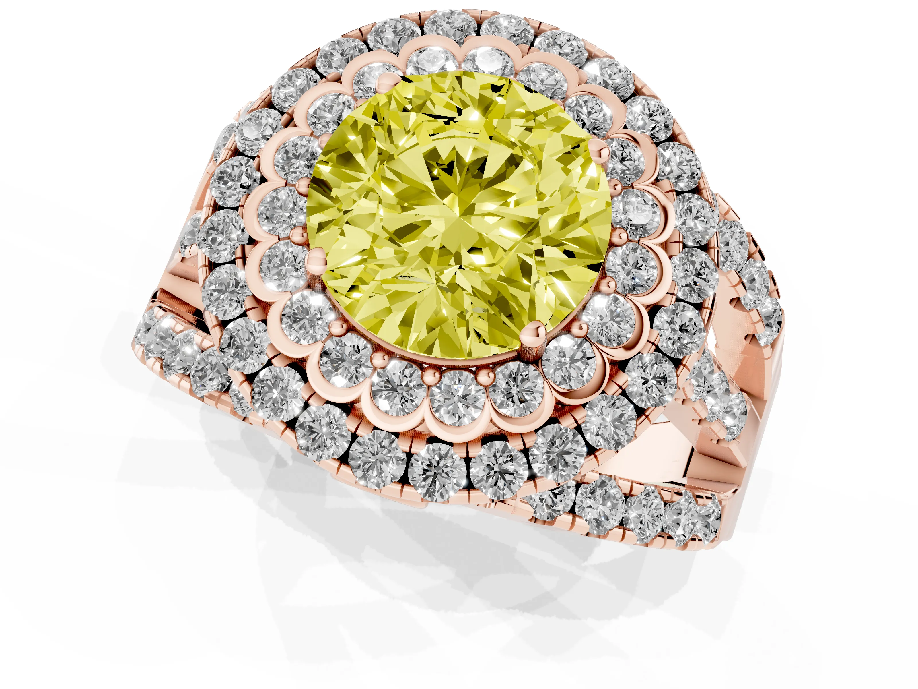 Fancy Yellow Round Cut Diamond Double Halo Ring Set in Rose gold with Round Pavé Split Shank
