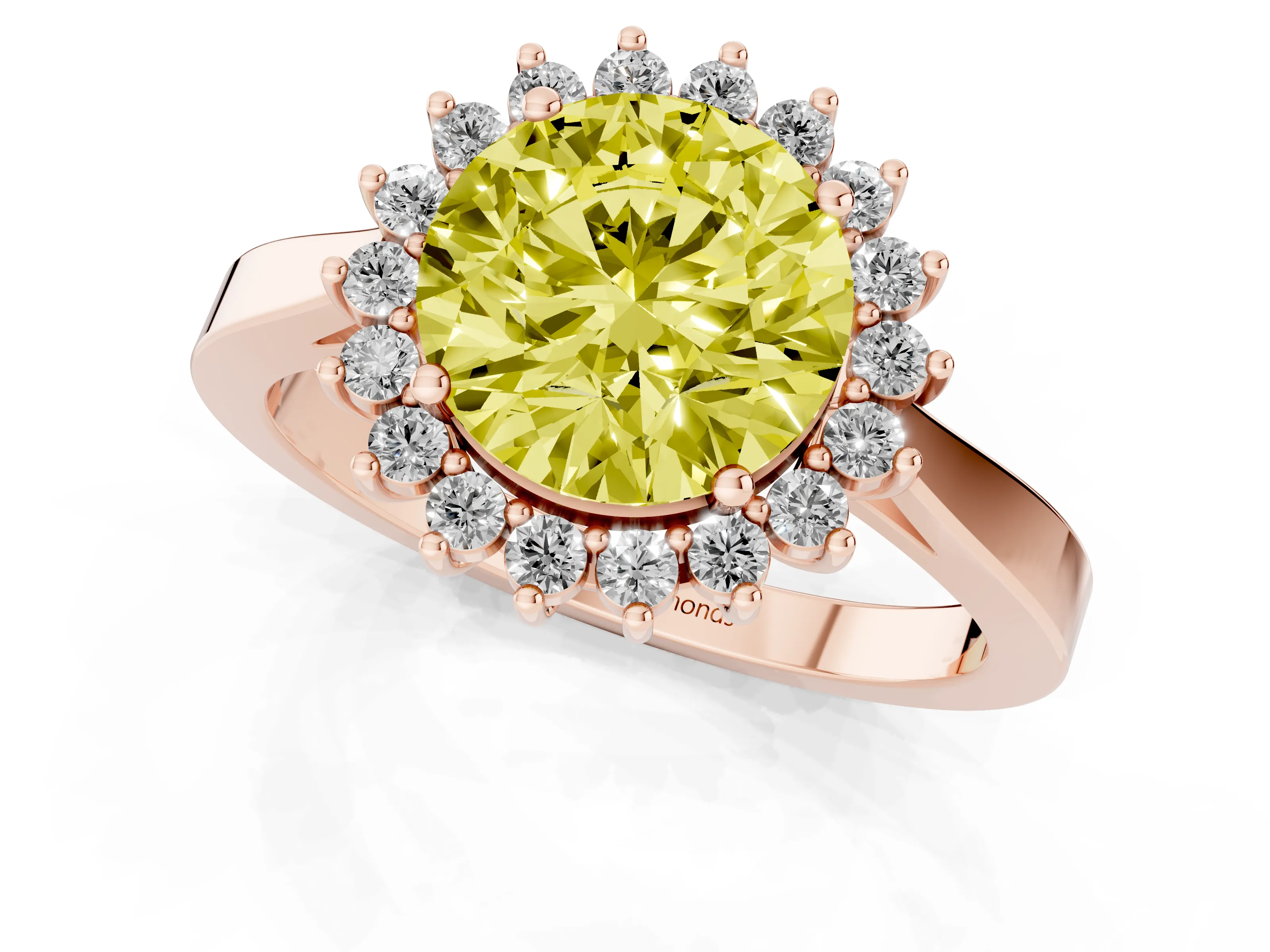 Fancy Yellow Round Cut Diamond Halo Ring Set in Rose gold with Round Halo and Smooth Solitaire Band
