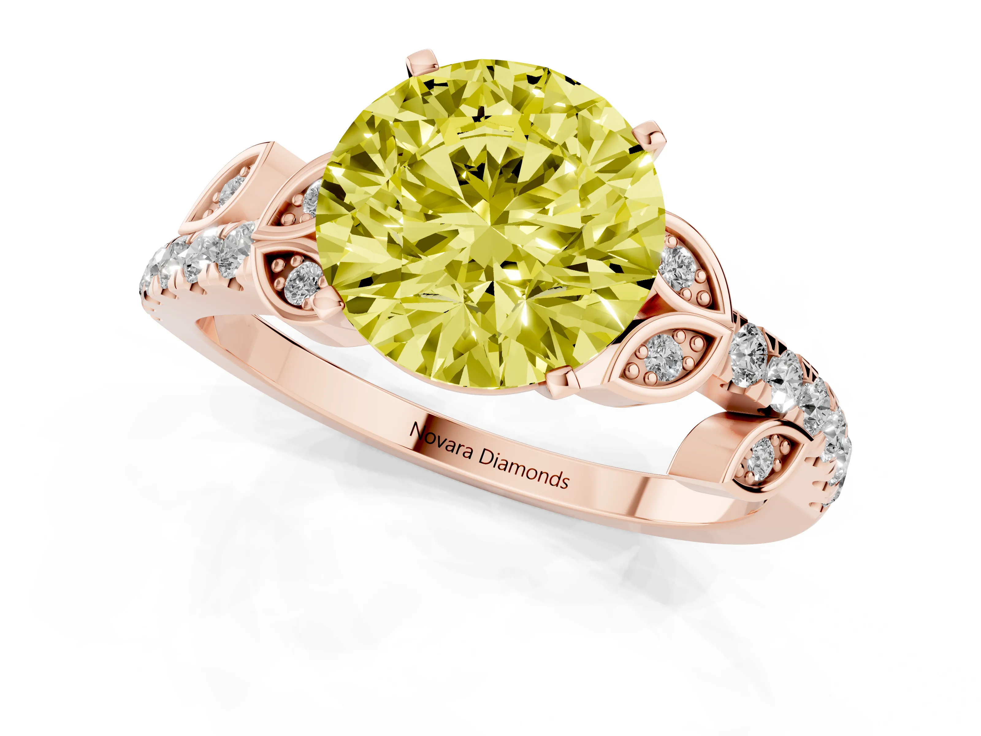 Fancy Yellow Round Cut Diamond Solitaire Leaf-Inspired Ring Set in Rose gold with Pavé Band and Prong Setting