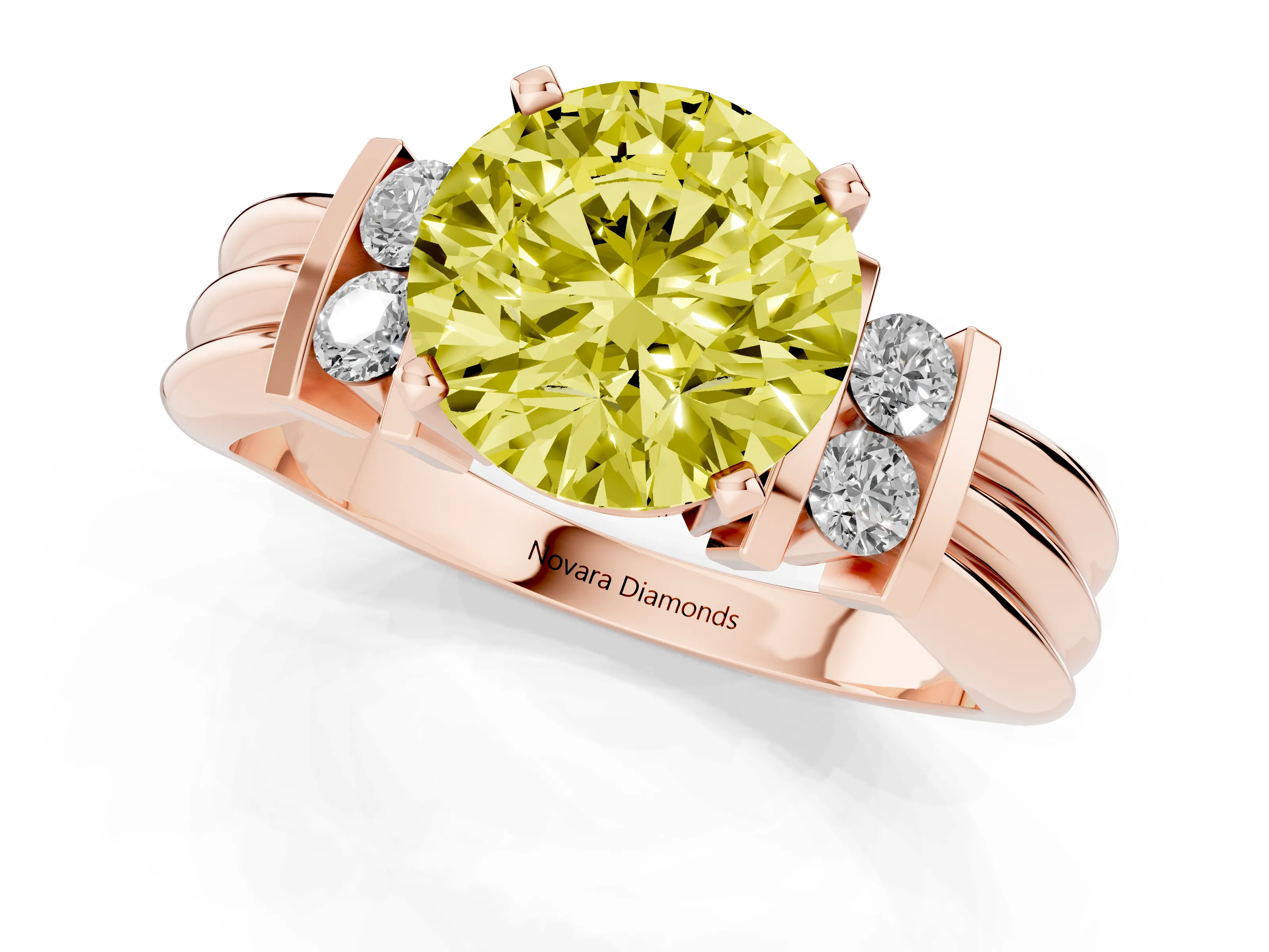 Fancy Yellow Three-Stone Round Cut Diamond Channel Set Ring Set in Rose gold with Bar Prongs