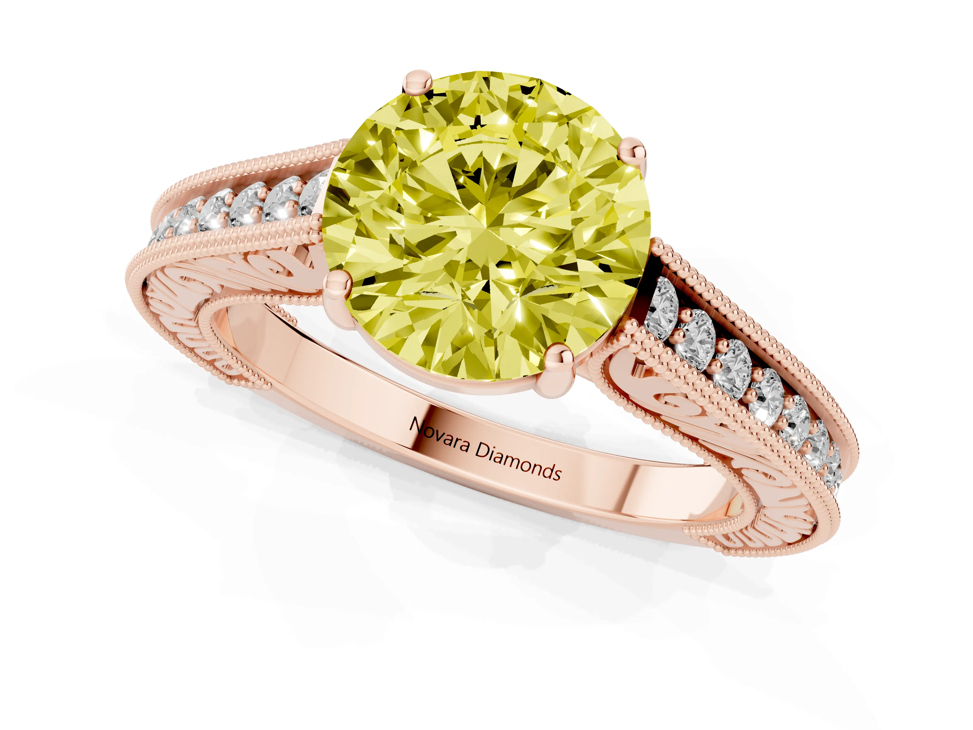 Fancy Yellow Round Cut Diamond Milgrain Pavé Band Solitaire Ring Set in Rose gold with Prong Setting