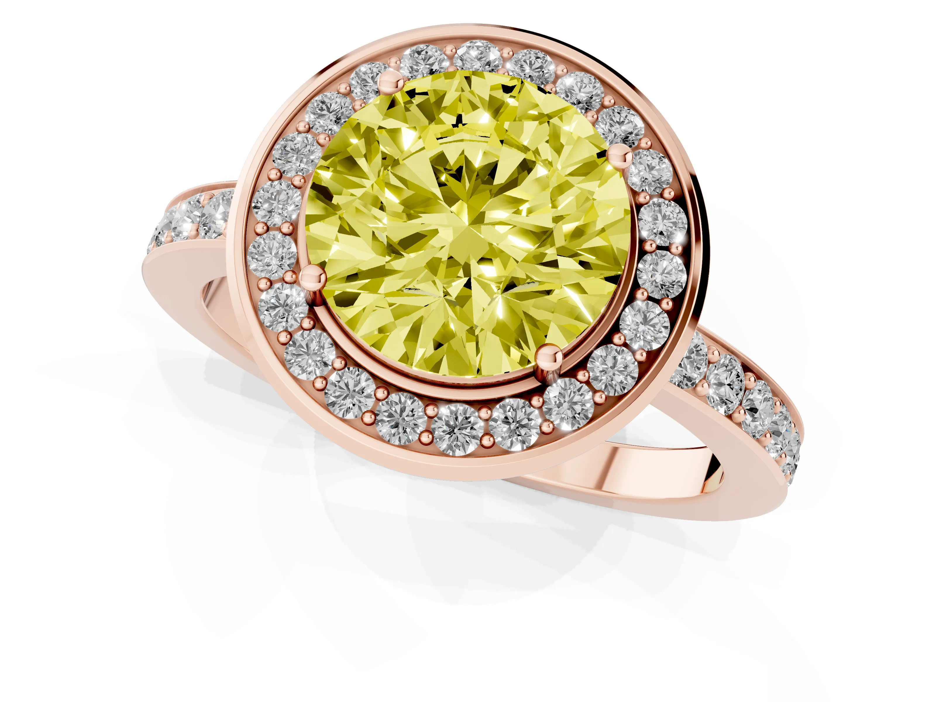 Fancy Yellow Round Cut Diamond Halo Ring Set in Rose gold with Bezel Frame and Pavé Band