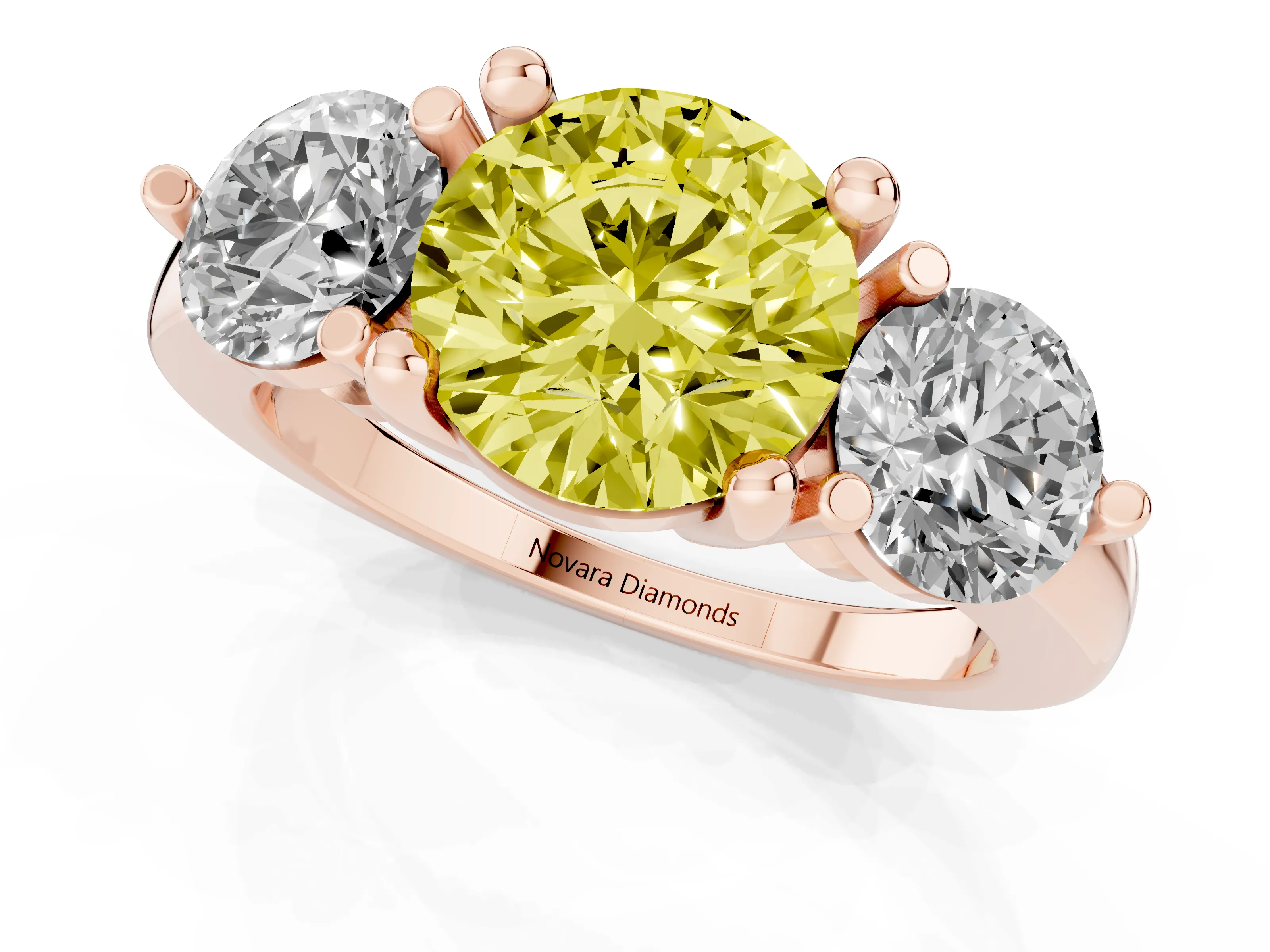 Fancy Yellow Round Cut Diamond Three-Stone Ring Set in Rose gold with Prong Setting and Classic Band