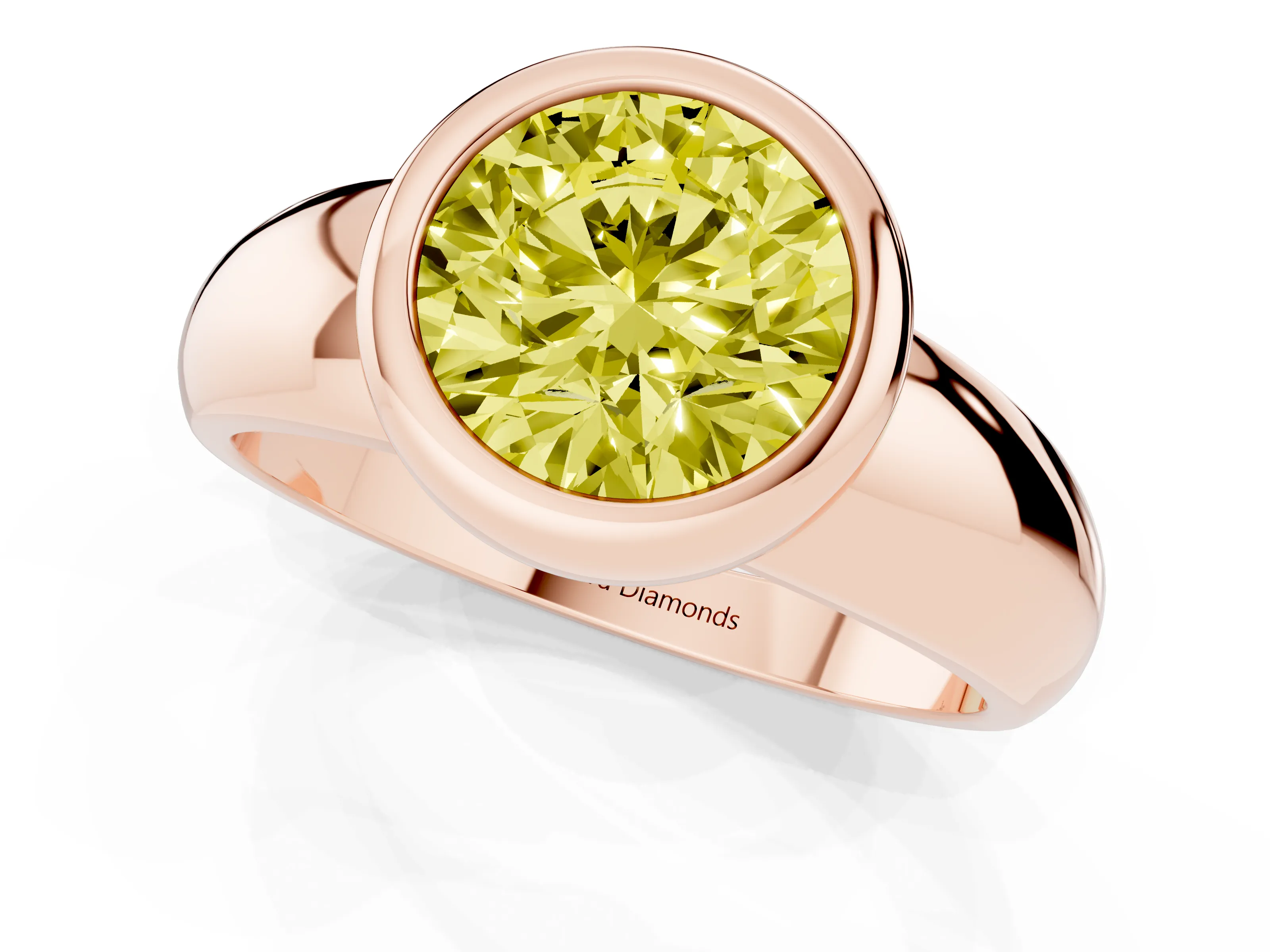 Fancy Yellow Bezel Set Round Cut Diamond Solitaire Ring Set in Rose gold with Wide Band