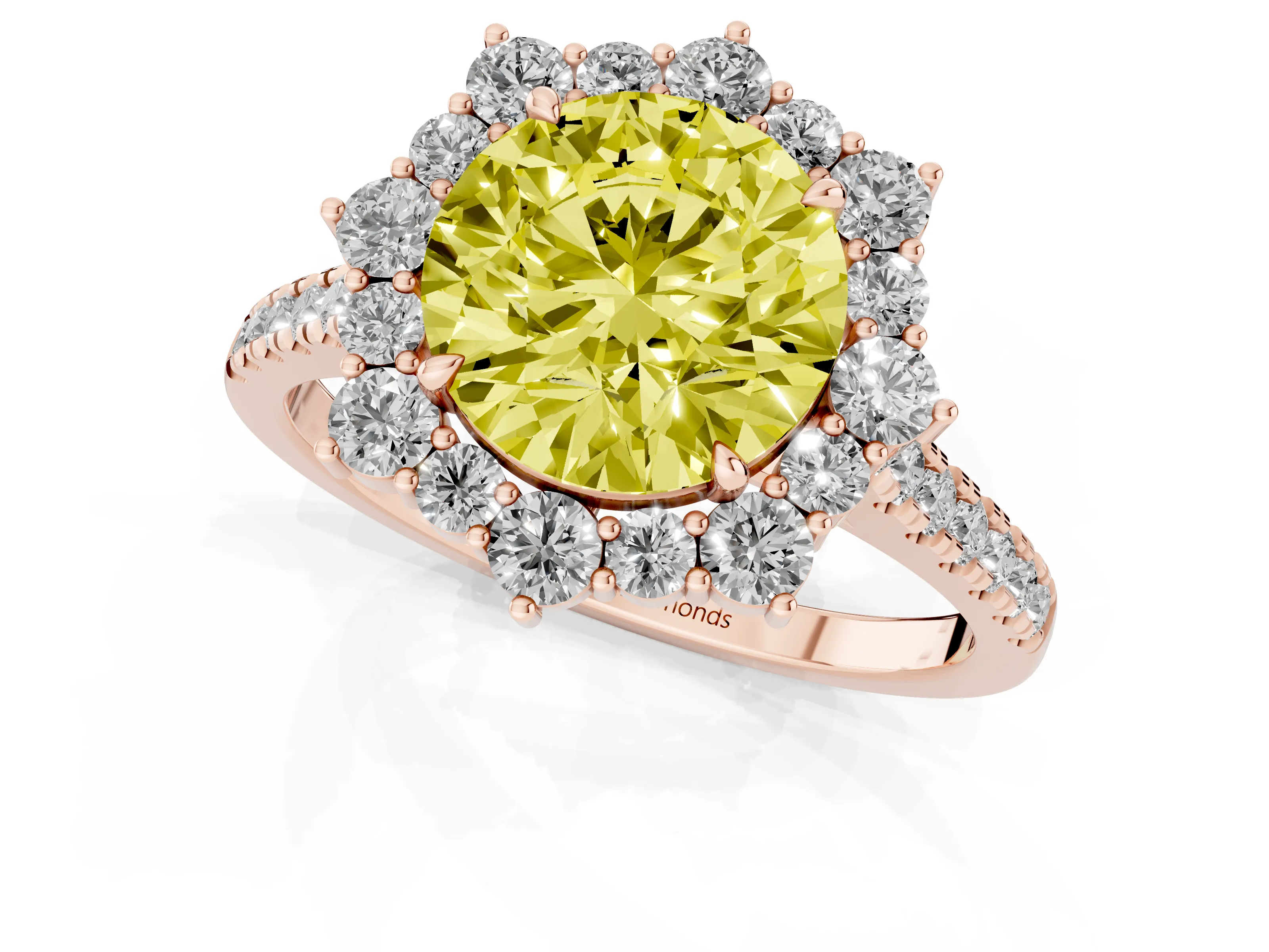 Fancy Yellow Round Cut Diamond Halo Ring Set in Rose gold with Pavé Band and Prong Setting