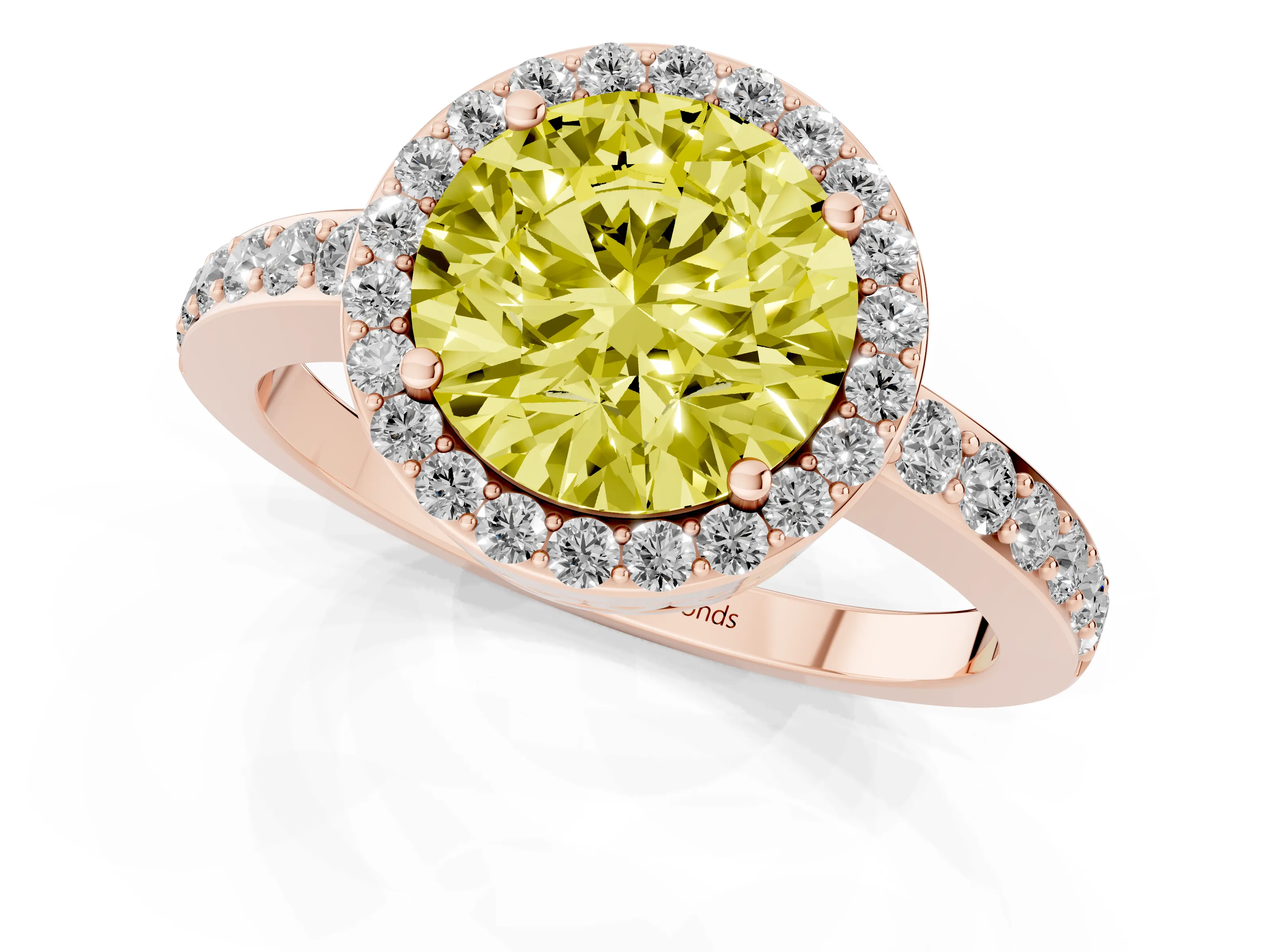 Fancy Yellow Round Cut Diamond Halo Ring Set in Rose gold with Pavé-Setting Band and Open Prong Center