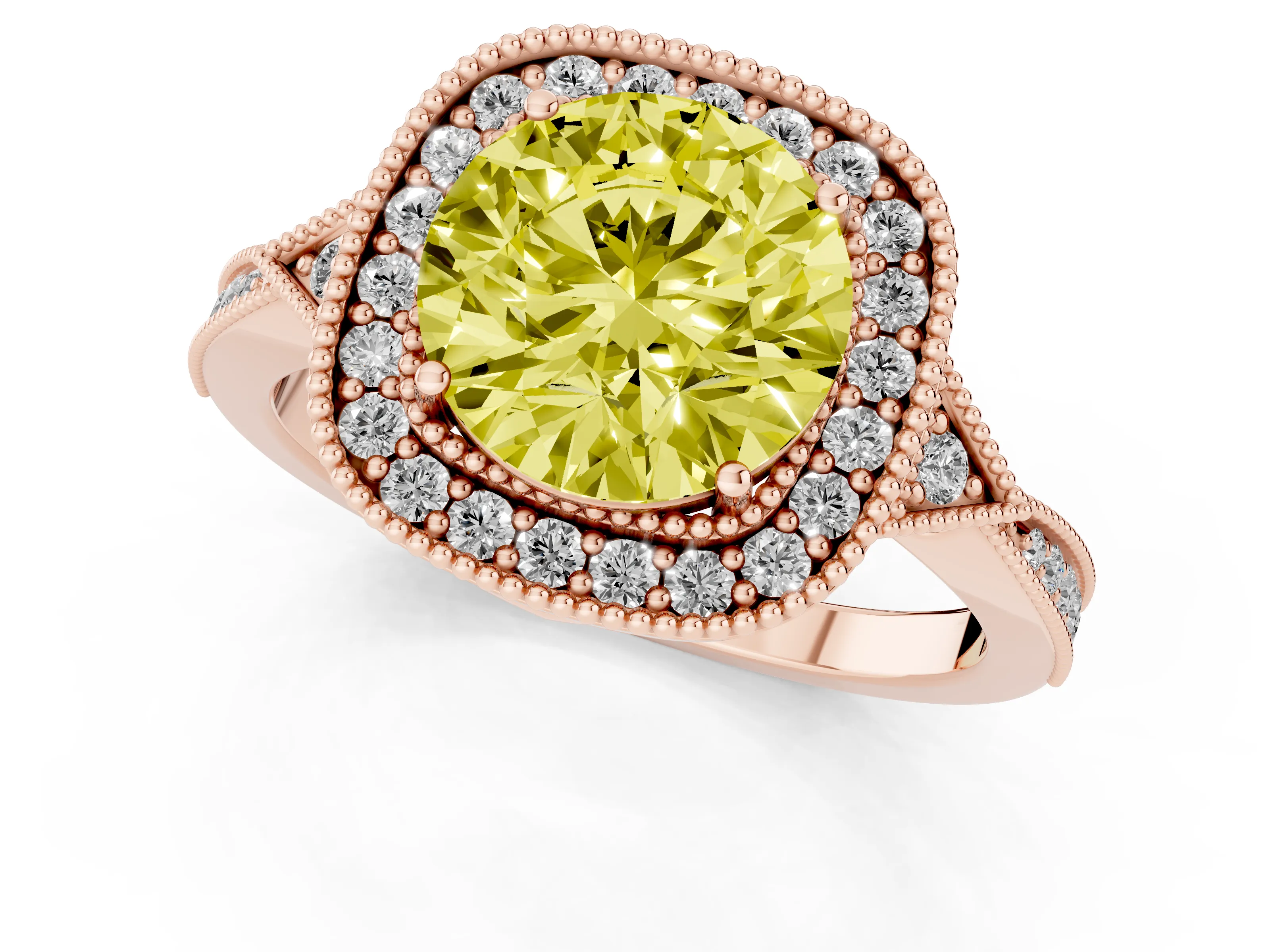 Fancy Yellow Round Cut Diamond Halo Engagement Ring Set in Rose gold with Milgrain Pavé Band