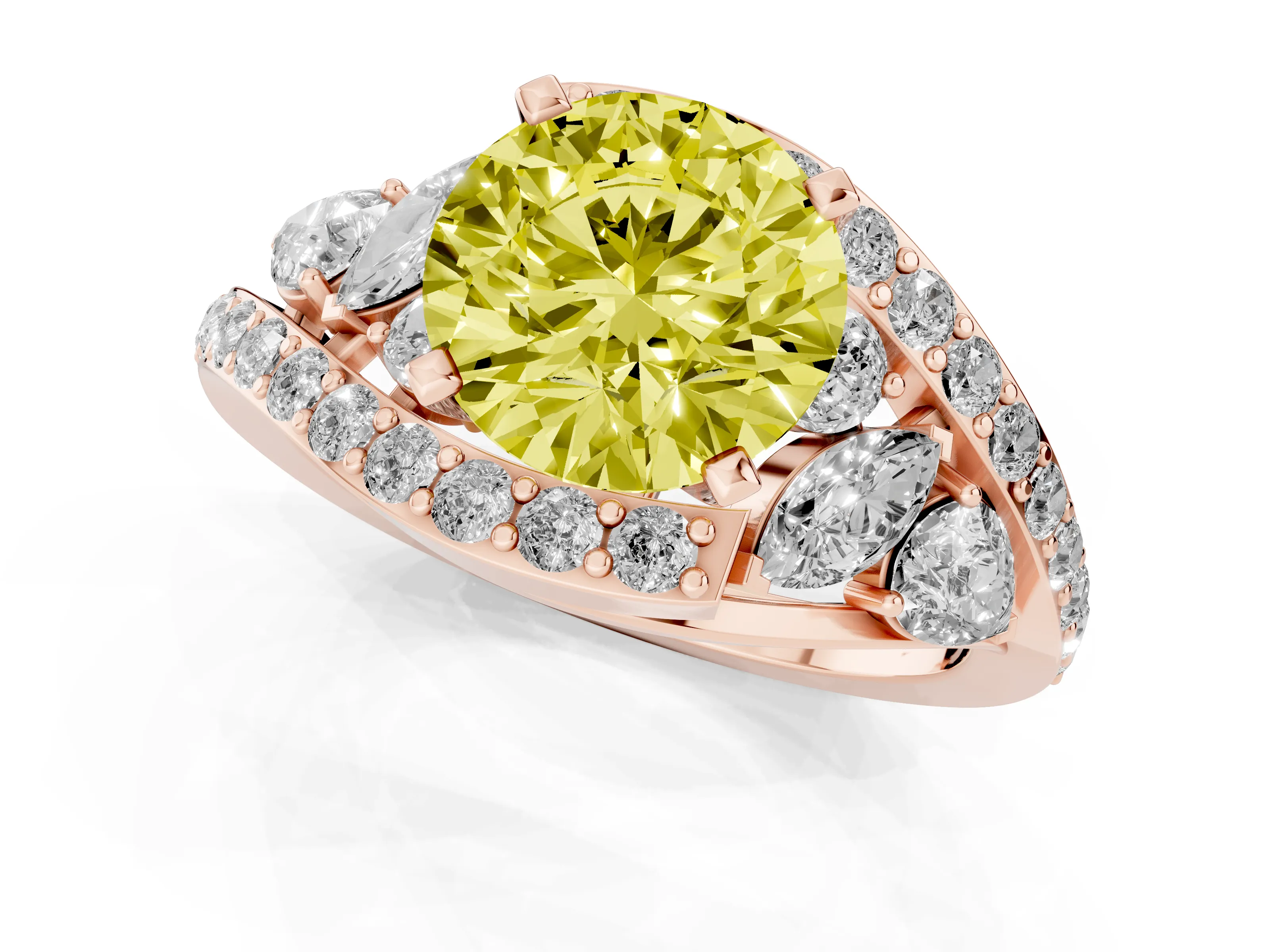 Fancy Yellow Round Cut Diamond Halo Ring Set in Rose gold with Marquise and Pavé Band in Prong Setting