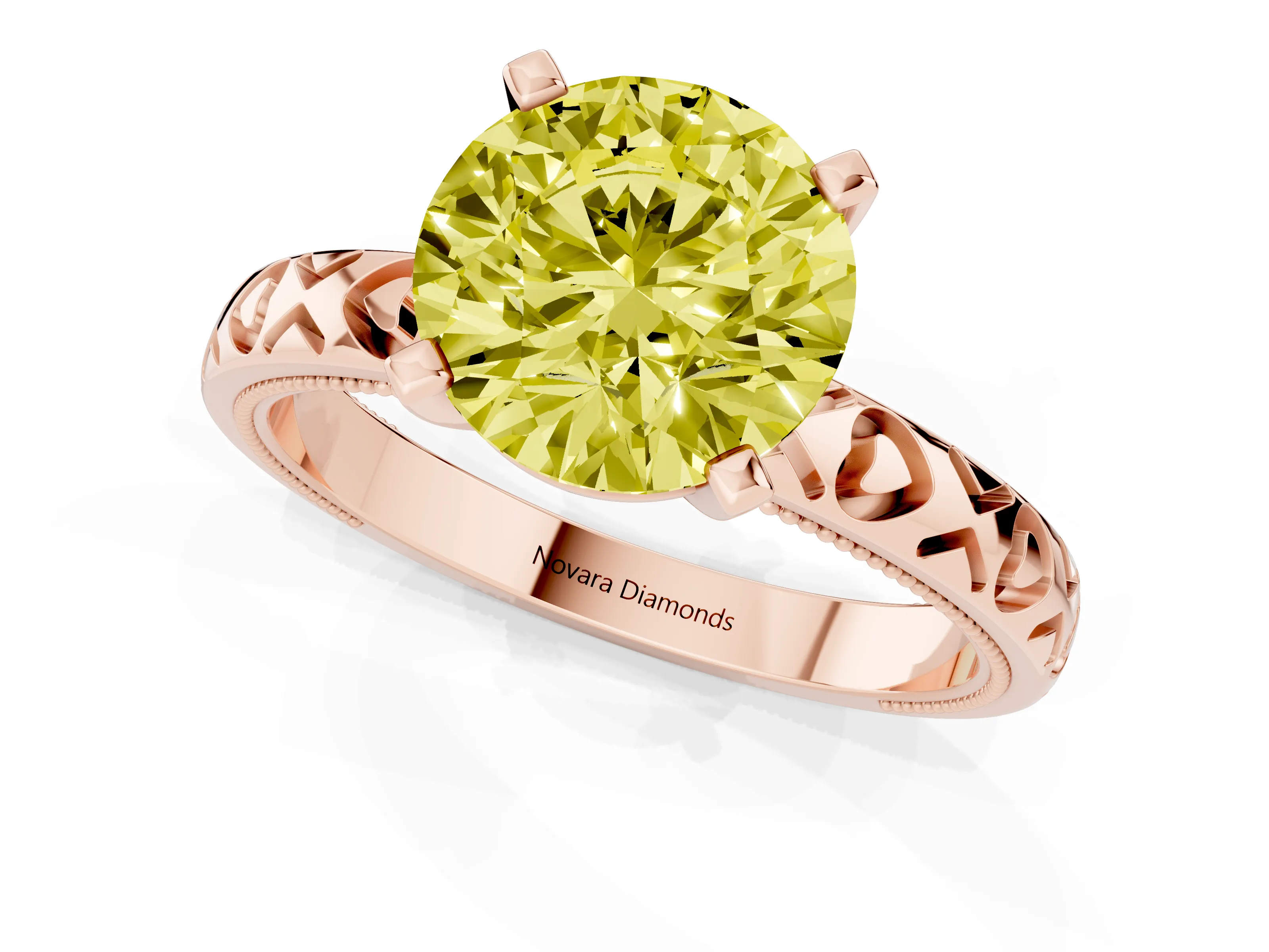 Fancy Yellow Round Cut Diamond Solitaire Engagement Ring Set in Rose gold with XO Engraved Band and Prong Setting