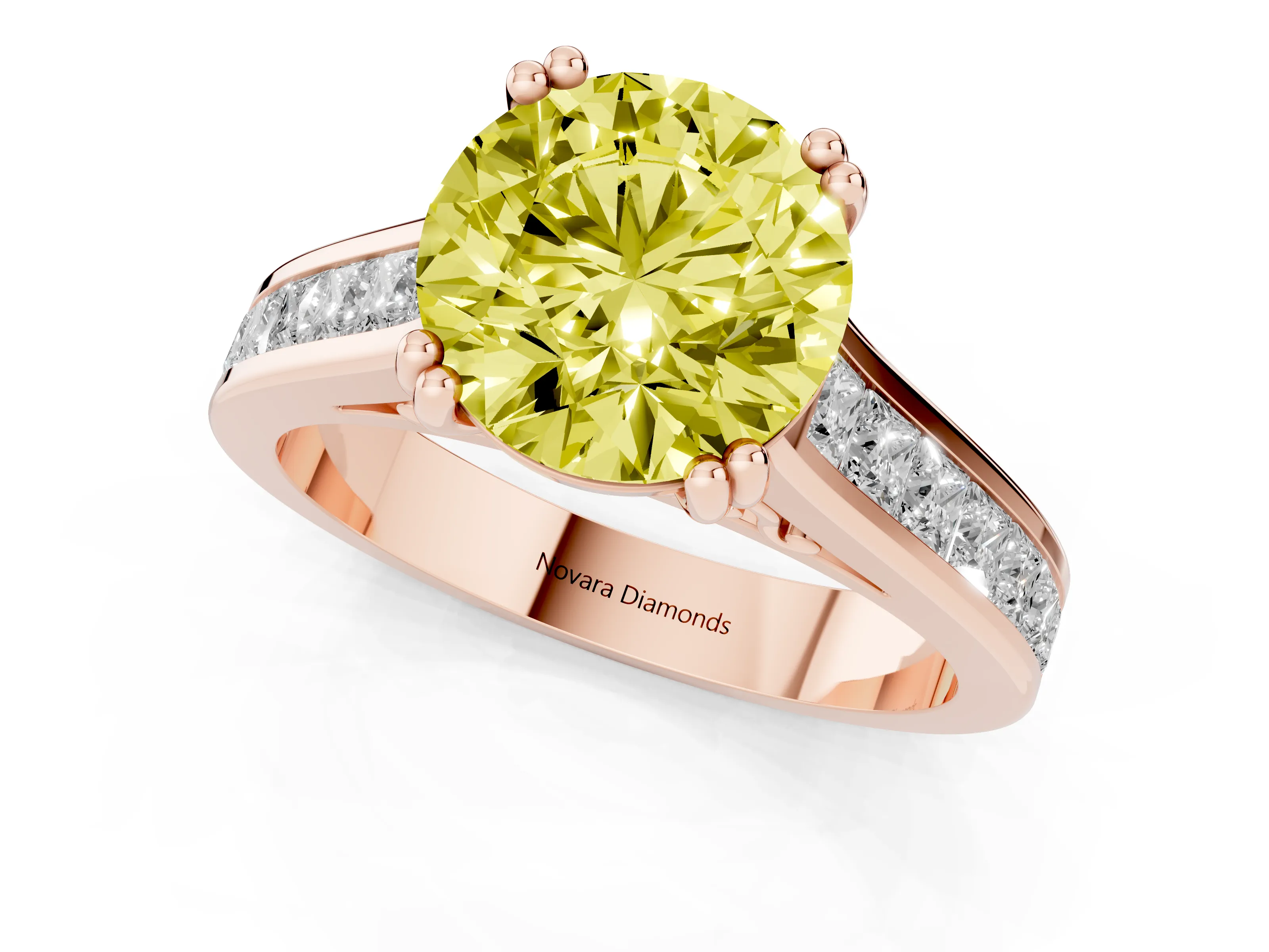 Fancy Yellow Round Cut Diamond Channel Set Solitaire Engagement Ring Set in Rose gold with Prong Setting