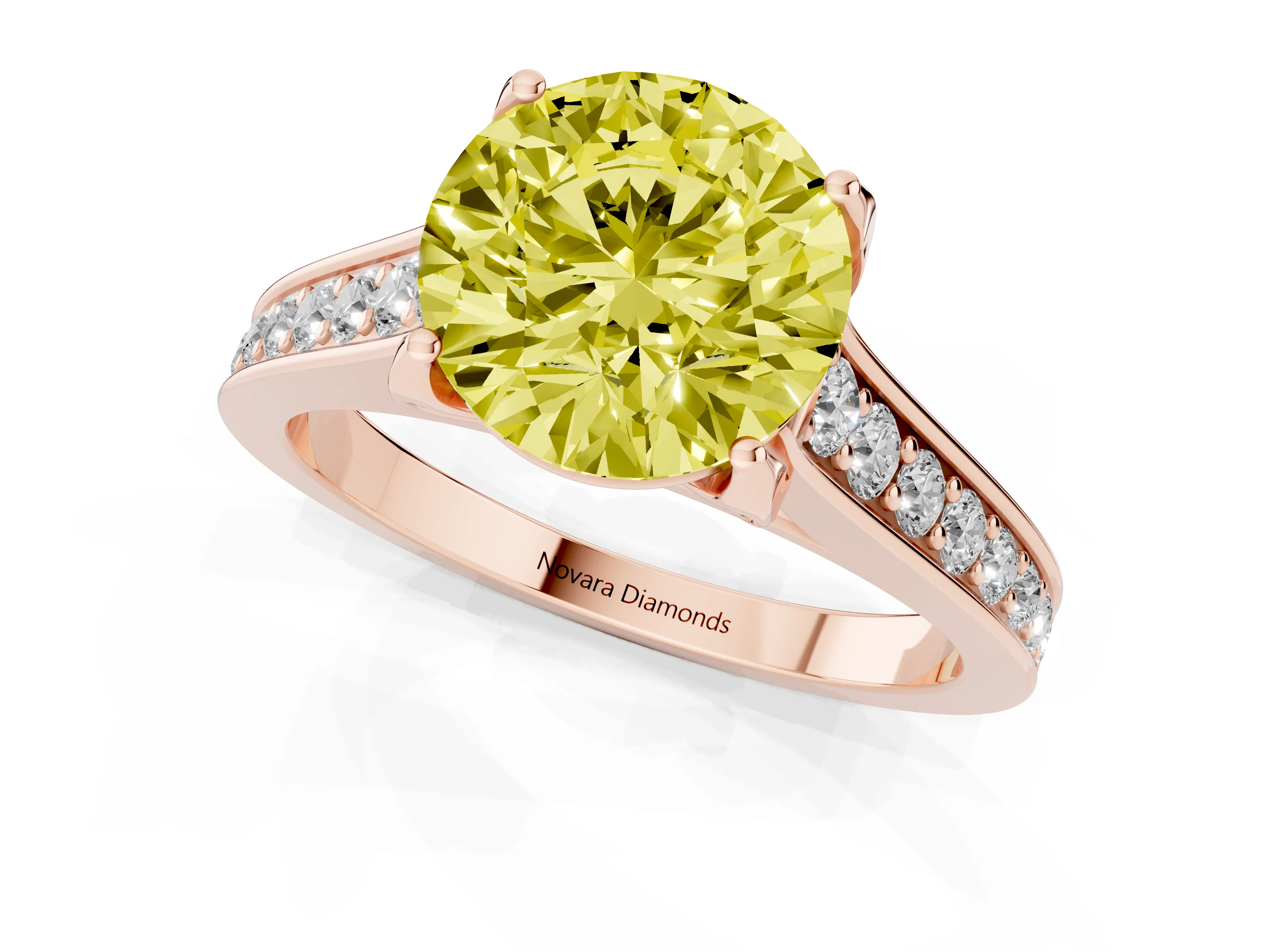 Fancy Yellow Round Cut Diamond Solitaire Pavé Engagement Ring Set in Rose gold with Prong Setting