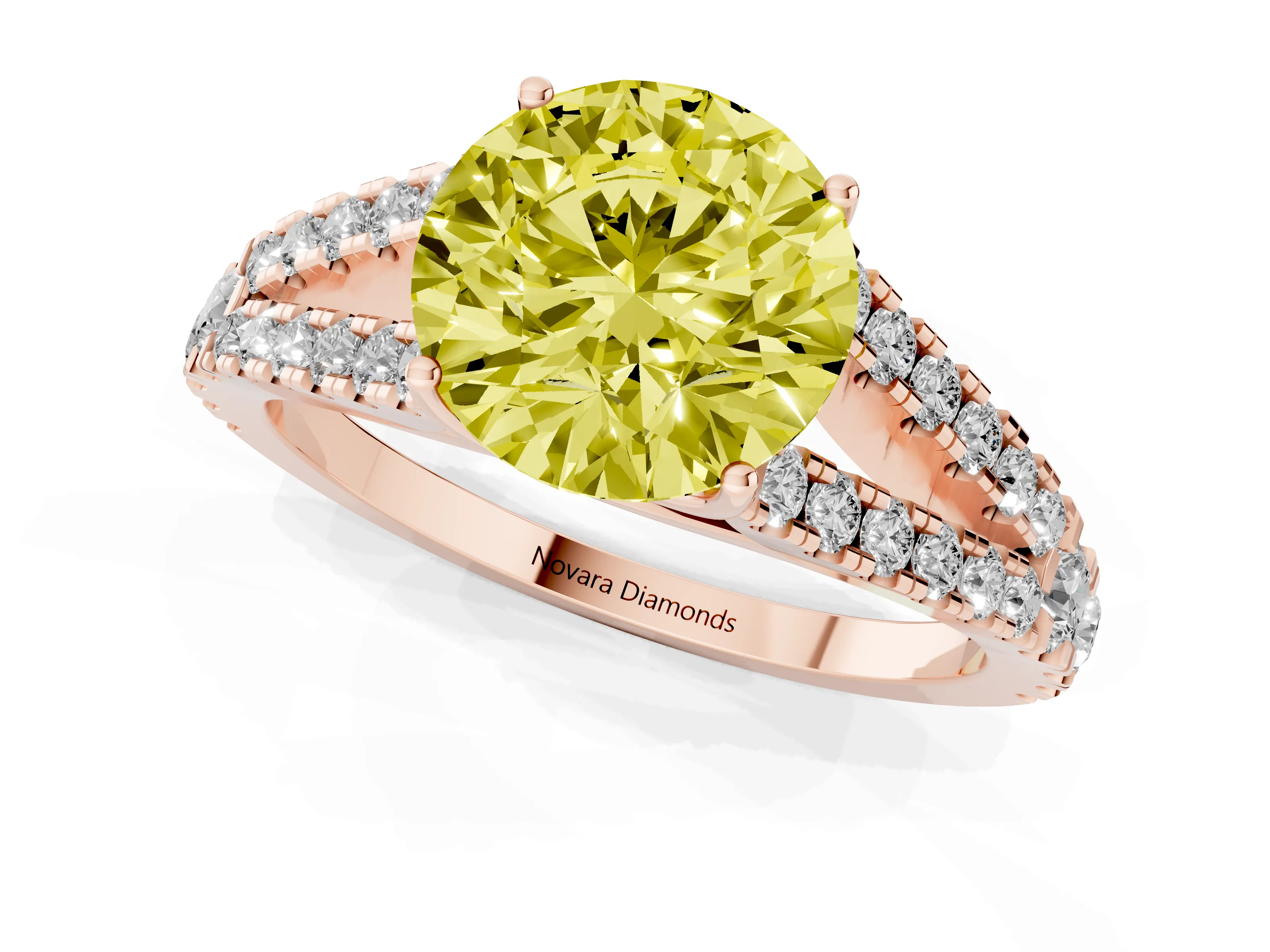 Fancy Yellow Round Cut Diamond Split Shank Pavé Engagement Ring Set in Rose gold with Prong-Held Center Stone