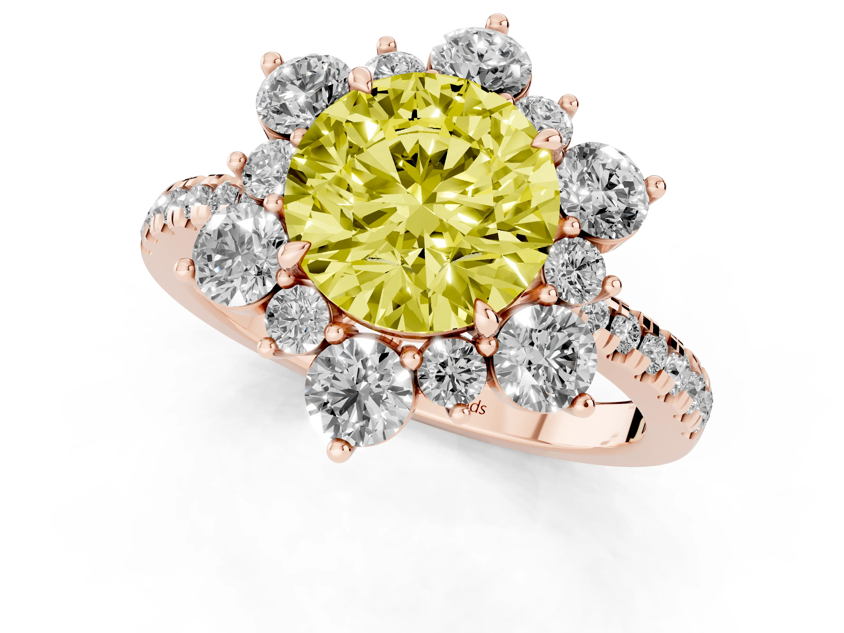 Fancy Yellow Round Cut Diamond Floral Halo Ring Set in Rose gold with Round Pavé Band and Prong Setting