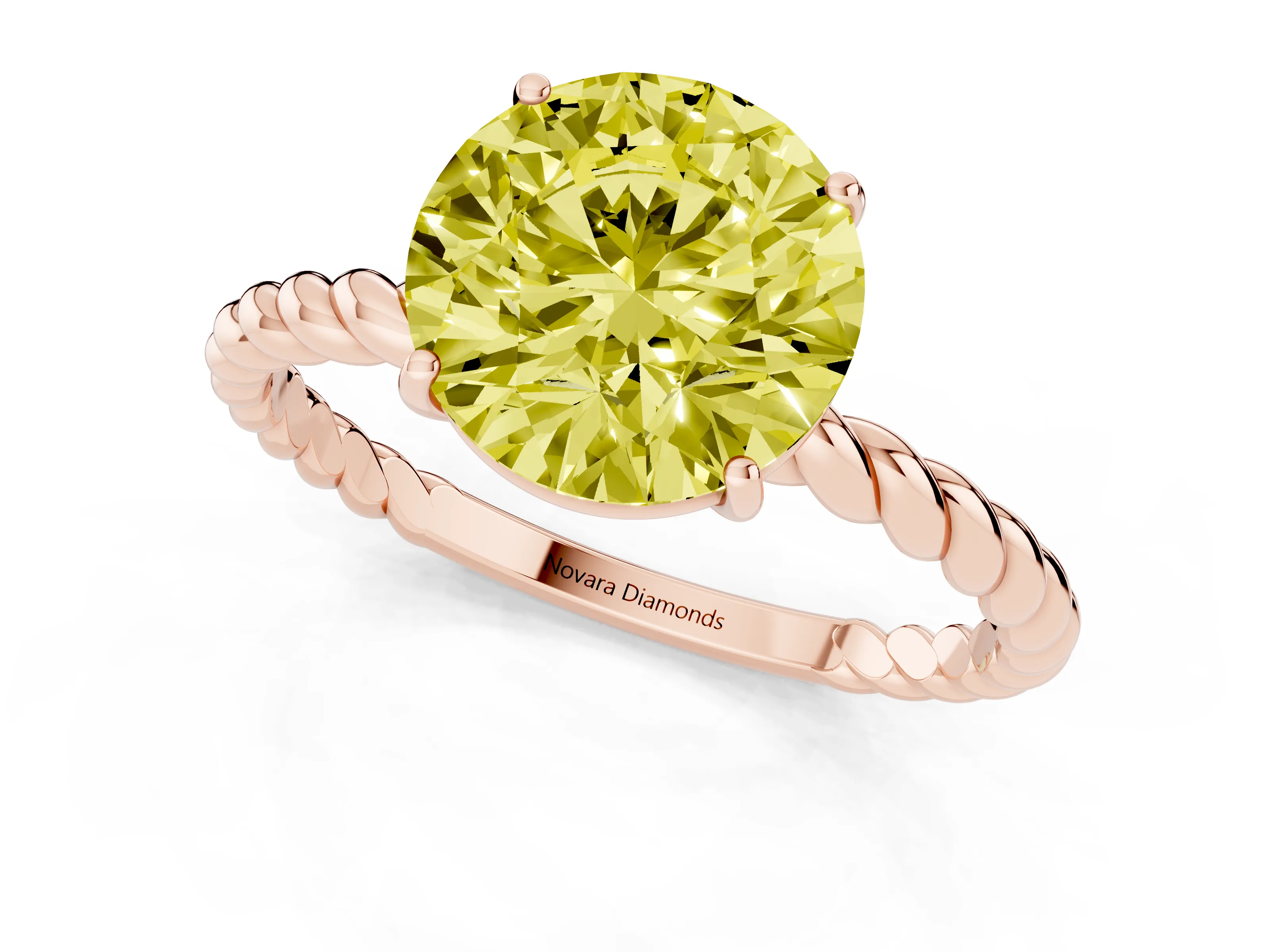Fancy Yellow Round Cut Diamond Solitaire Ring Set in Rose gold with Twist Band and Prong Setting