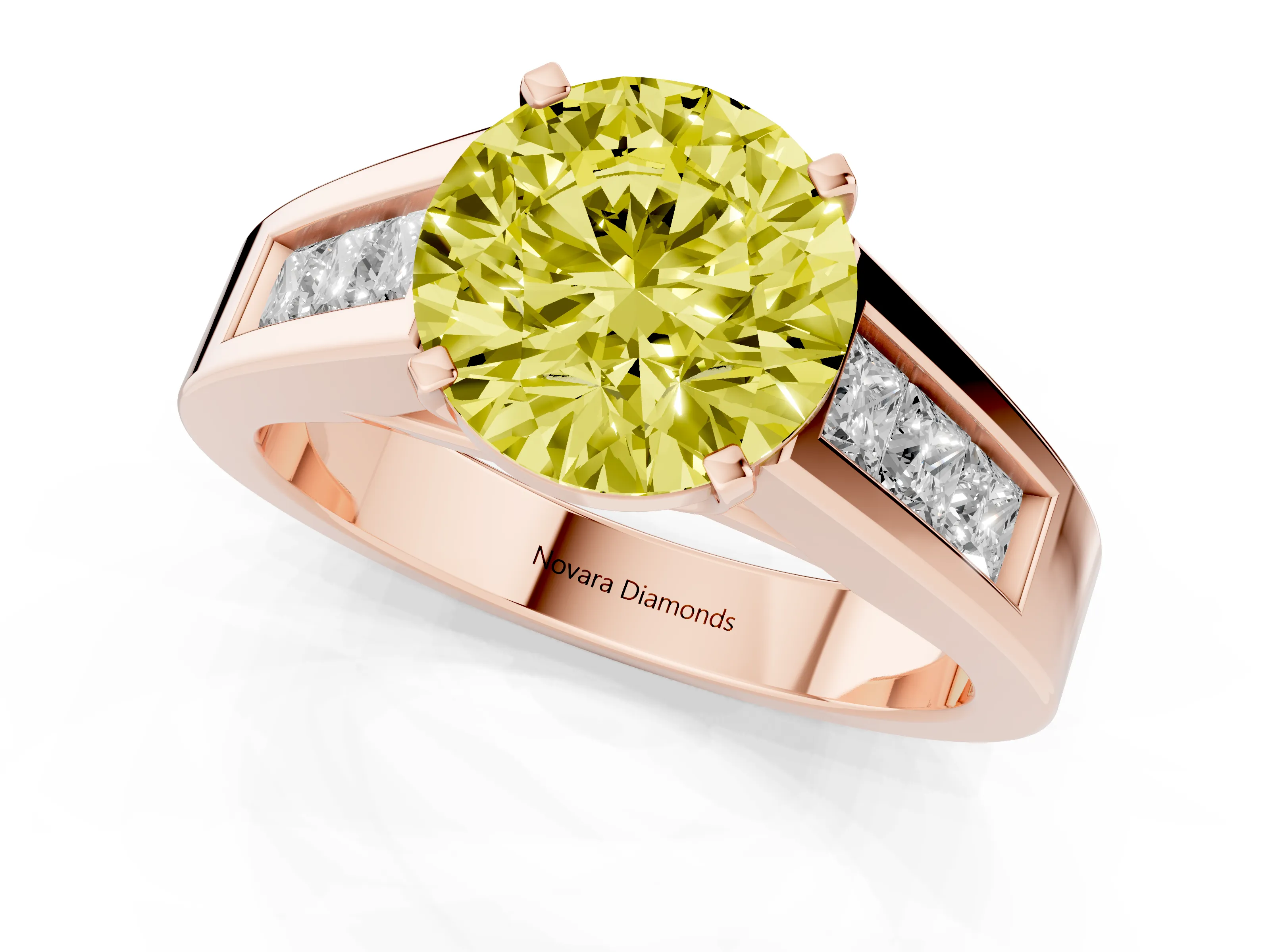 Fancy Yellow Round Cut Diamond Solitaire Ring Set in Rose gold with Channel-Set Accent Stones and Prong Setting