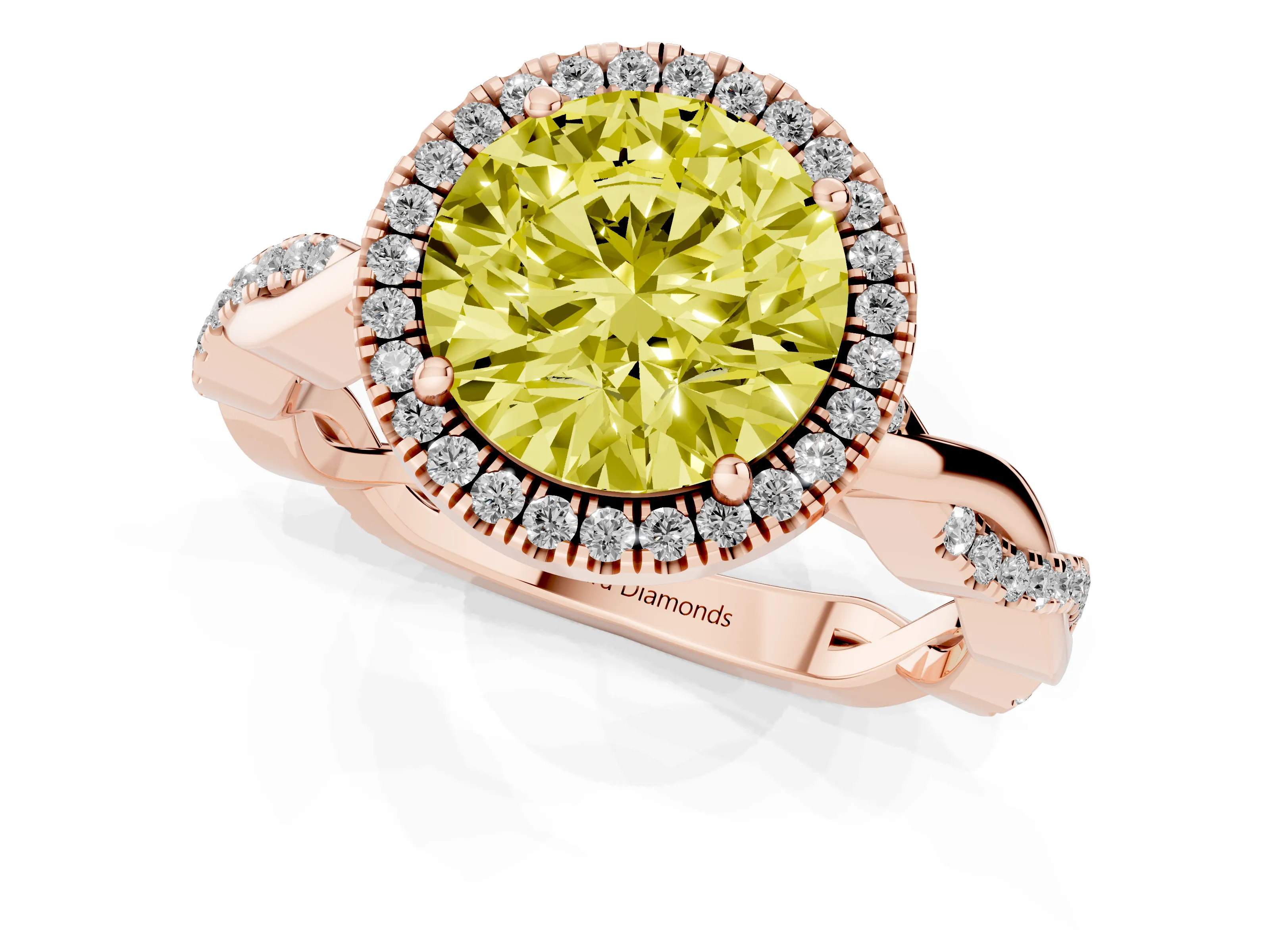 Fancy Yellow Round Cut Diamond Halo Twisted Band Ring Set in Rose gold with Prong Setting