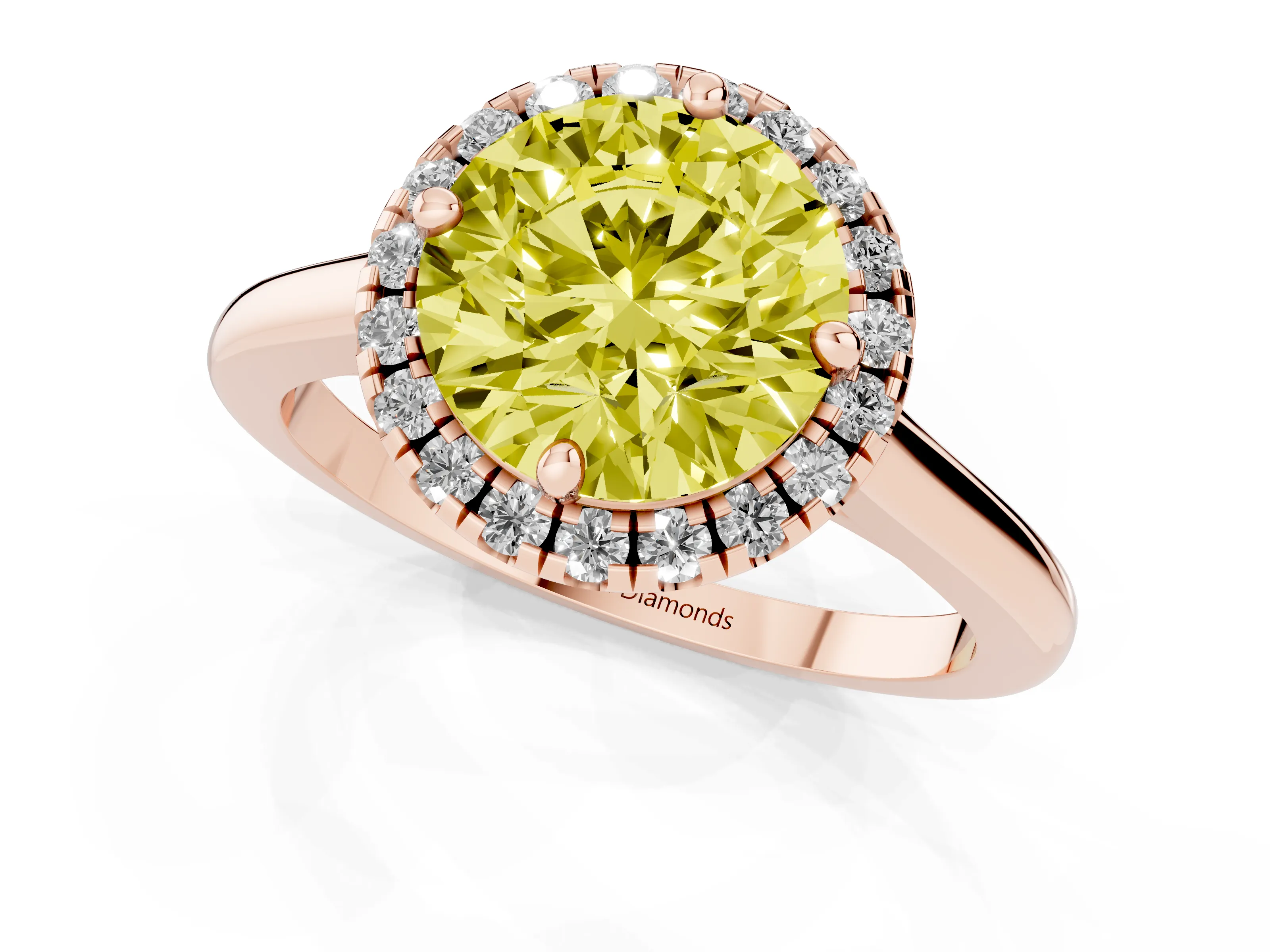 Fancy Yellow Round Cut Diamond Halo Engagement Ring Set in Rose gold with Pavé Band and Rising Shoulders