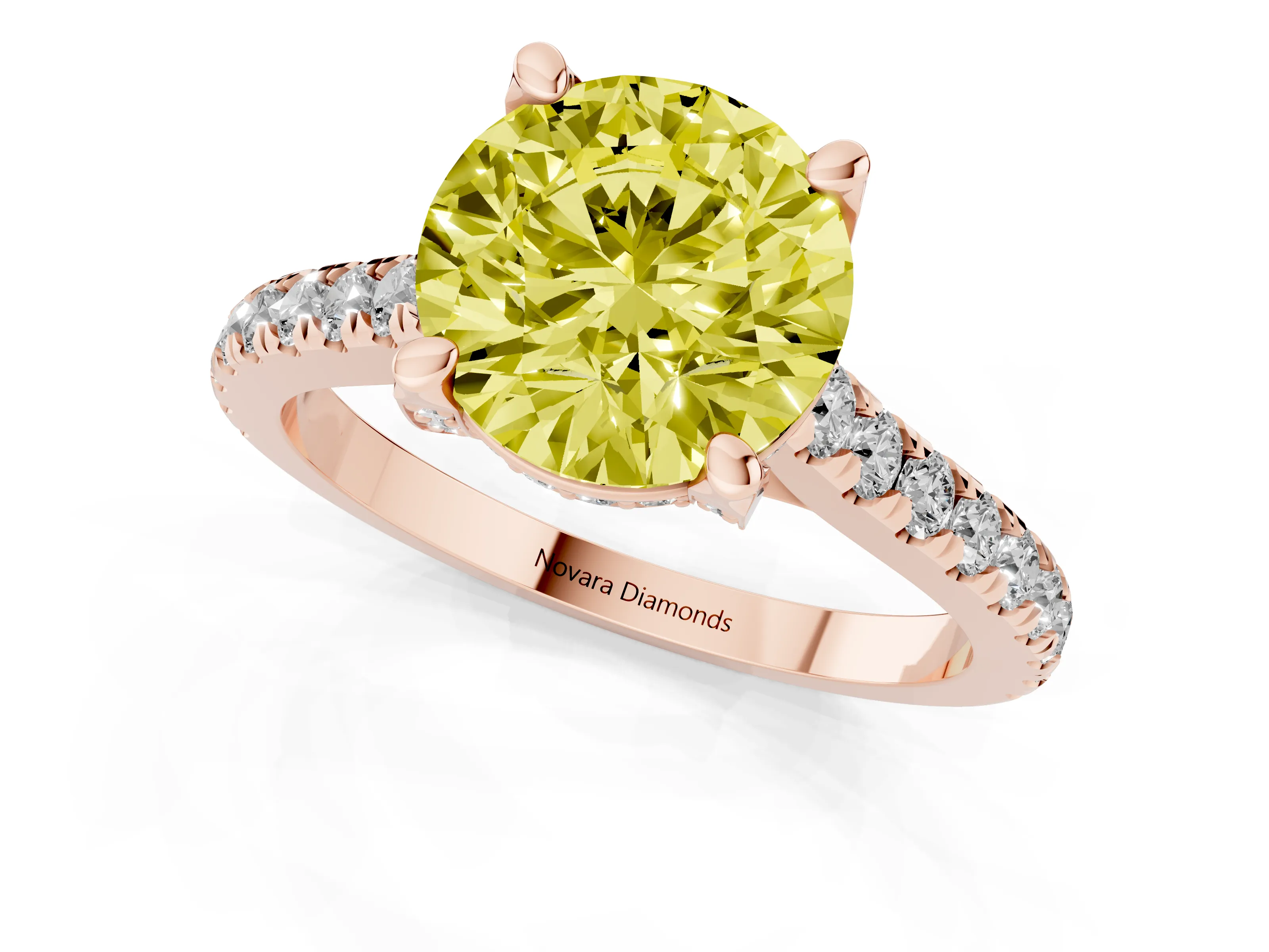Fancy Yellow Round Cut Diamond Solitaire Ring Set in Rose gold with Brilliant Pavé Band and Prong Setting