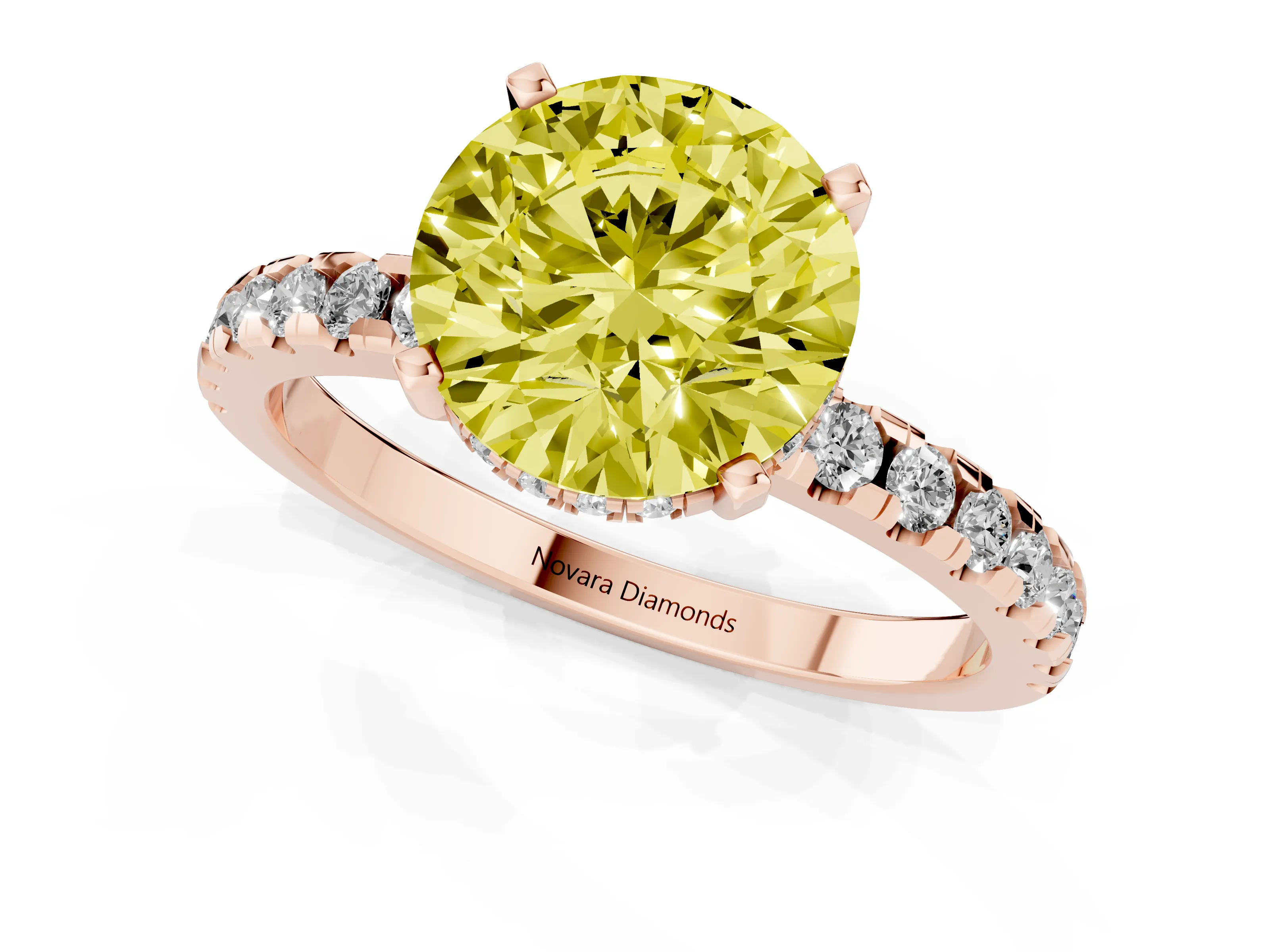Fancy Yellow Round Cut Diamond Pavé Solitaire Ring Set in Rose gold with Round Band Accents and Prong Setting