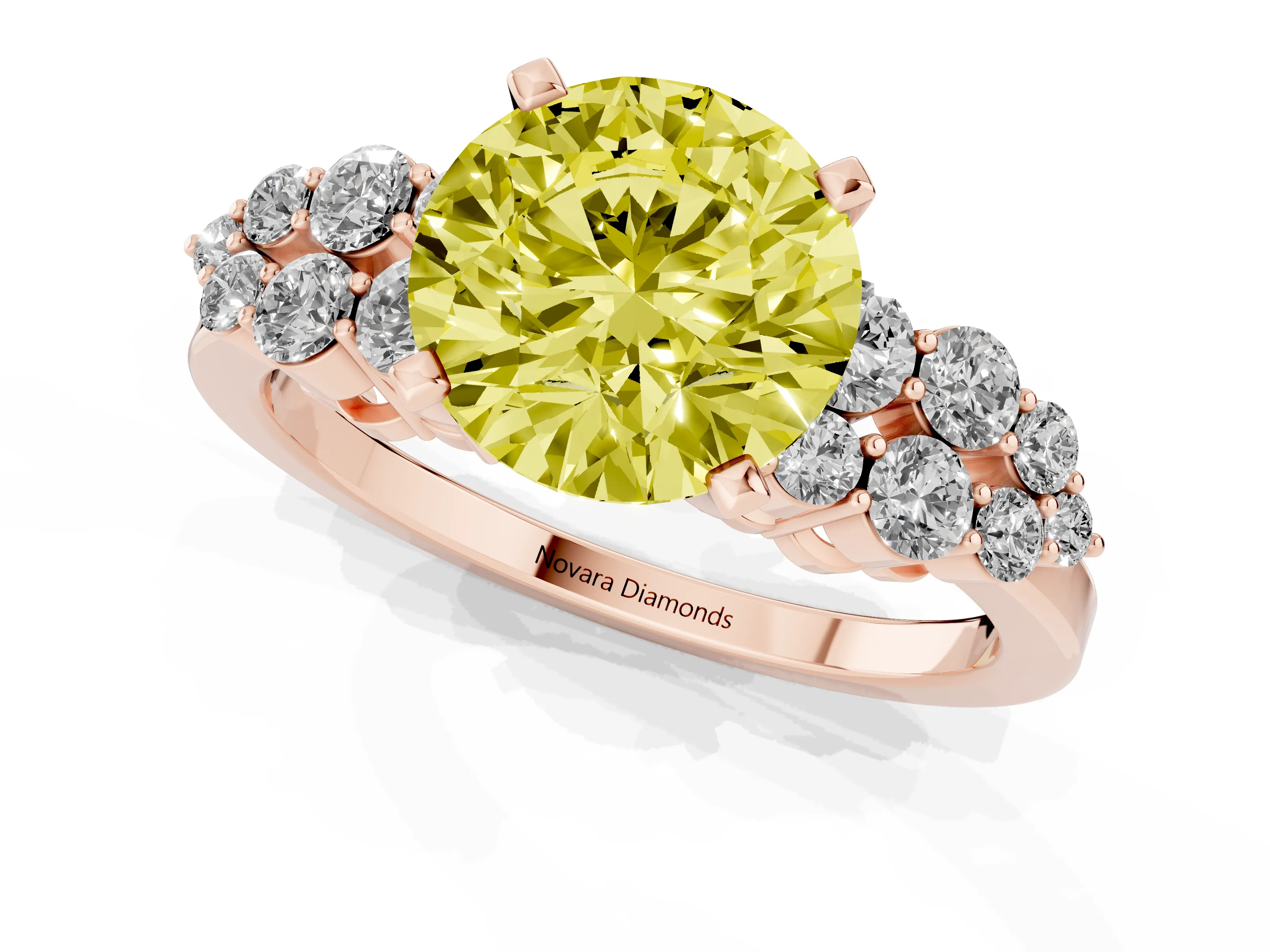 Fancy Yellow Round Cut Diamond Cluster Engagement Ring Set in Rose gold with Pavé Band and Prong Setting