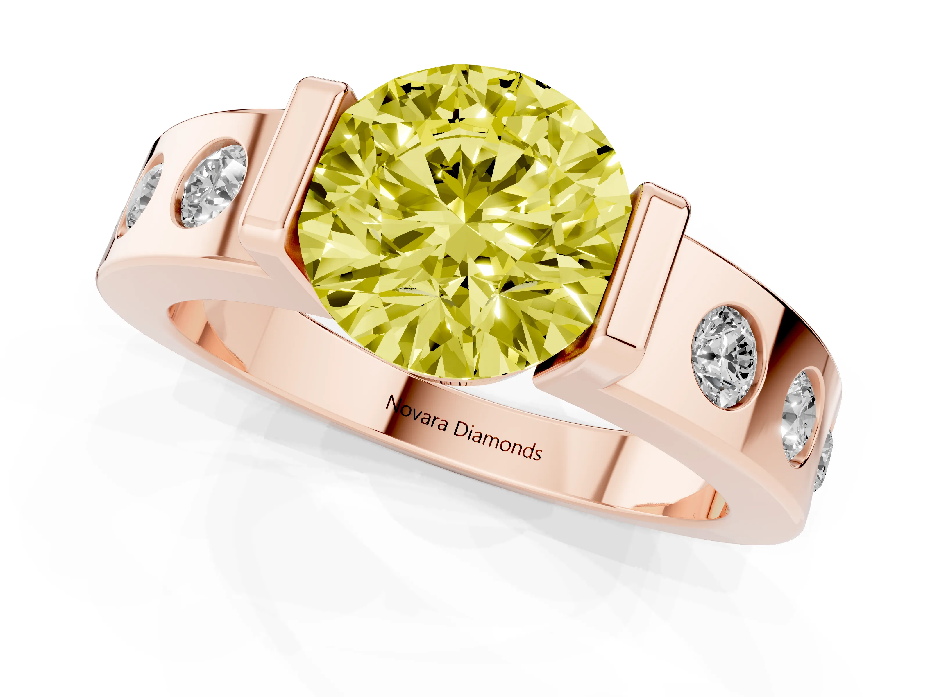 Fancy Yellow Round Cut Diamond Channel-Set Band Ring Set in Rose gold with Bezel Prong Setting