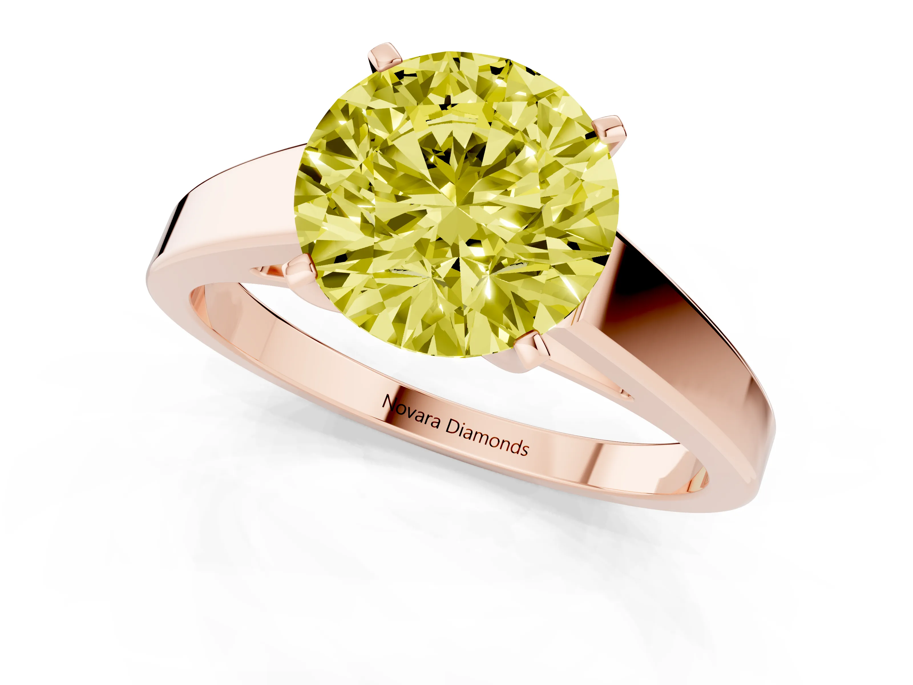 Fancy Yellow Round Cut Diamond Solitaire Engagement Ring Set in Rose gold with Prong Setting and Tapered Band