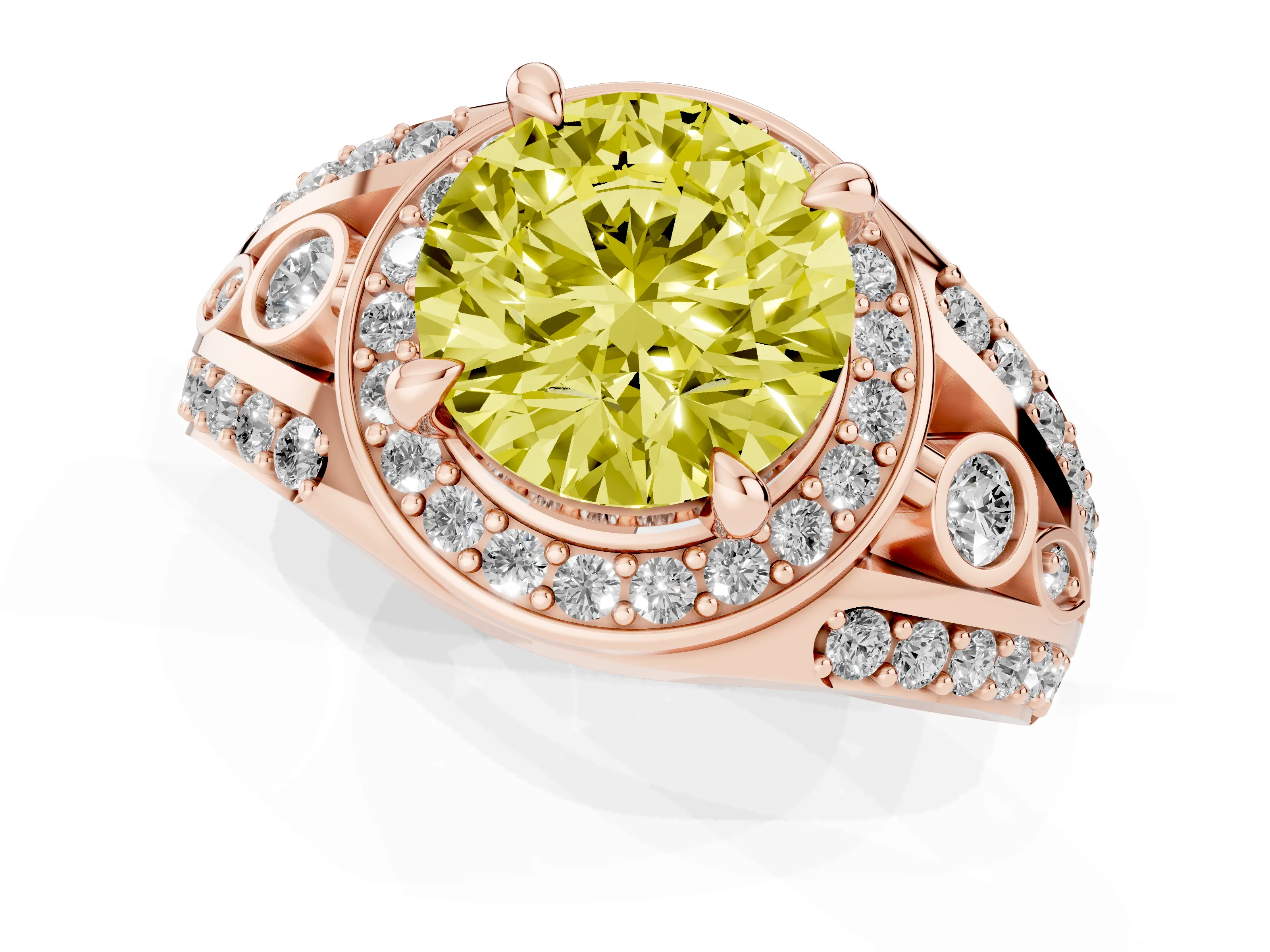 Fancy Yellow Round Cut Diamond Halo Ring Set in Rose gold with Pavé Split Shank and Bezel Accents
