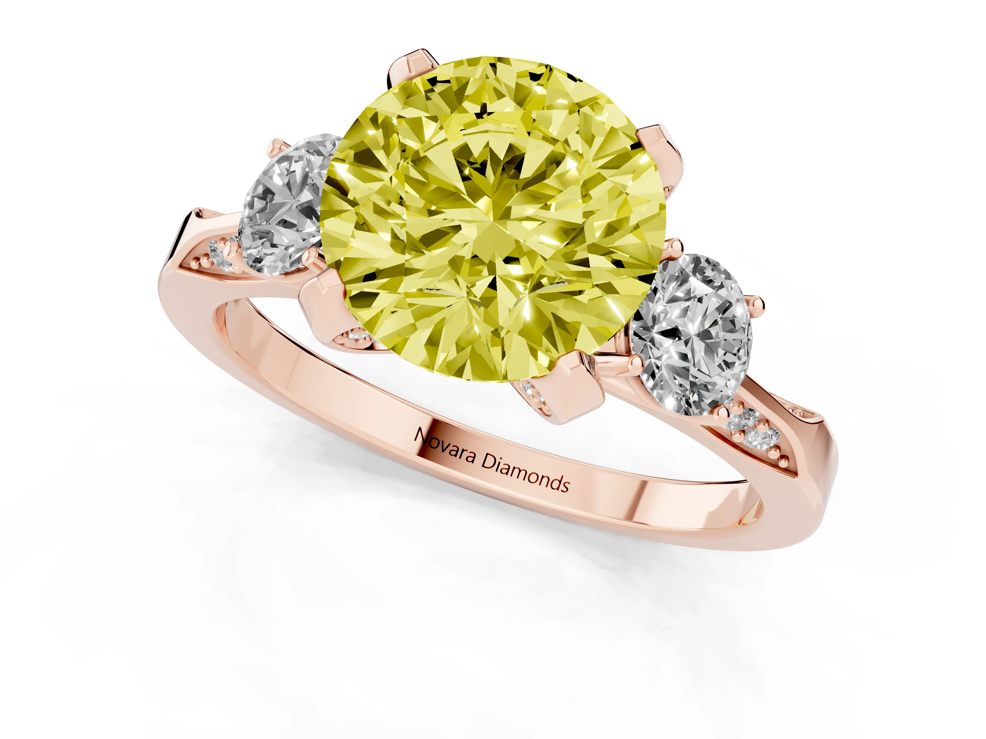 Fancy Yellow Round Cut Diamond Three-Stone Ring Set in Rose gold with Pavé Band and Smaller Side Stones
