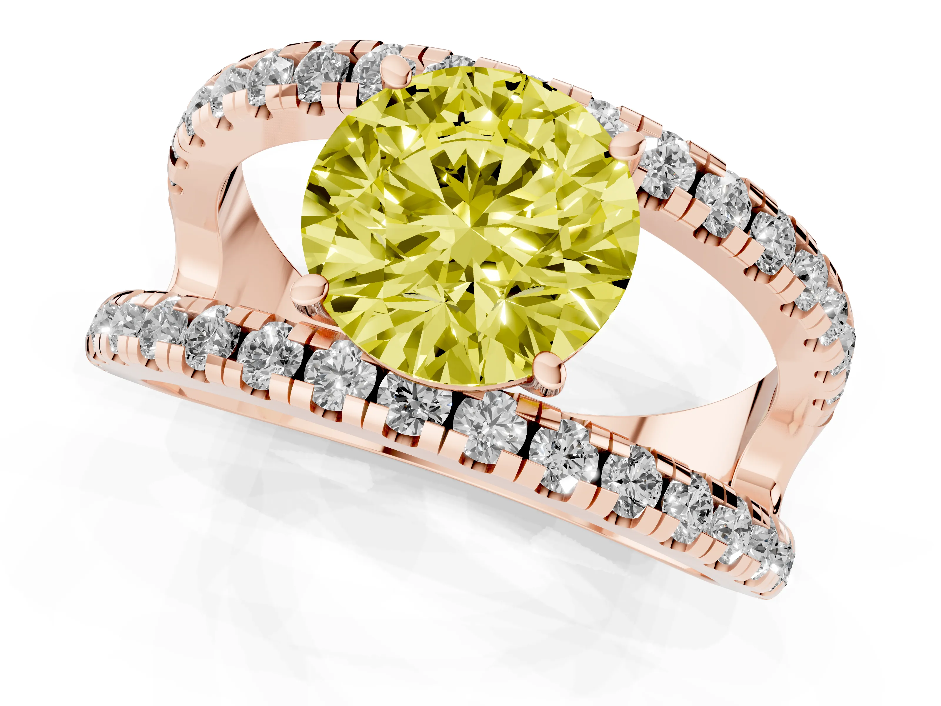 Fancy Yellow Round Cut Diamond Split Shank Pavé Solitaire Ring Set in Rose gold with Open Shank Design