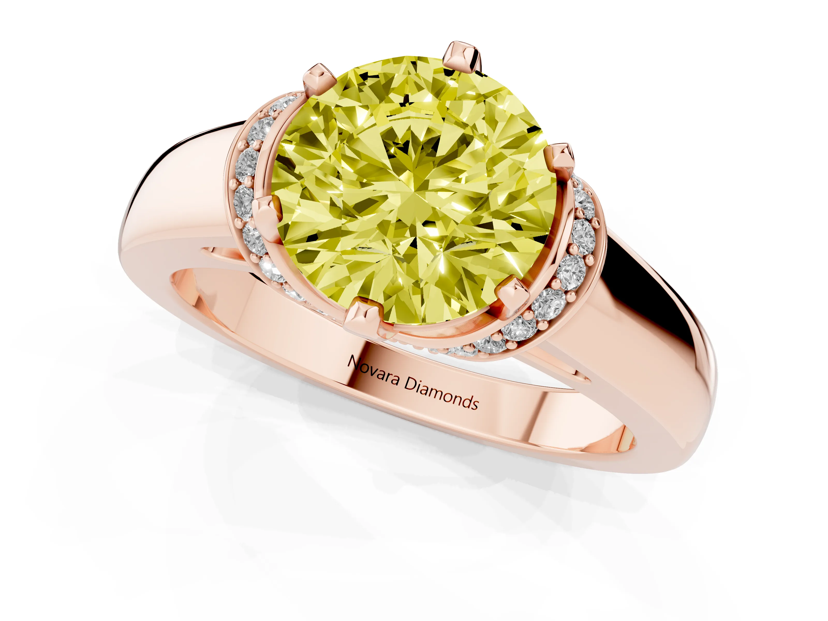 Fancy Yellow Round Cut Diamond Pavé Band Solitaire Ring Set in Rose gold with Prong Setting