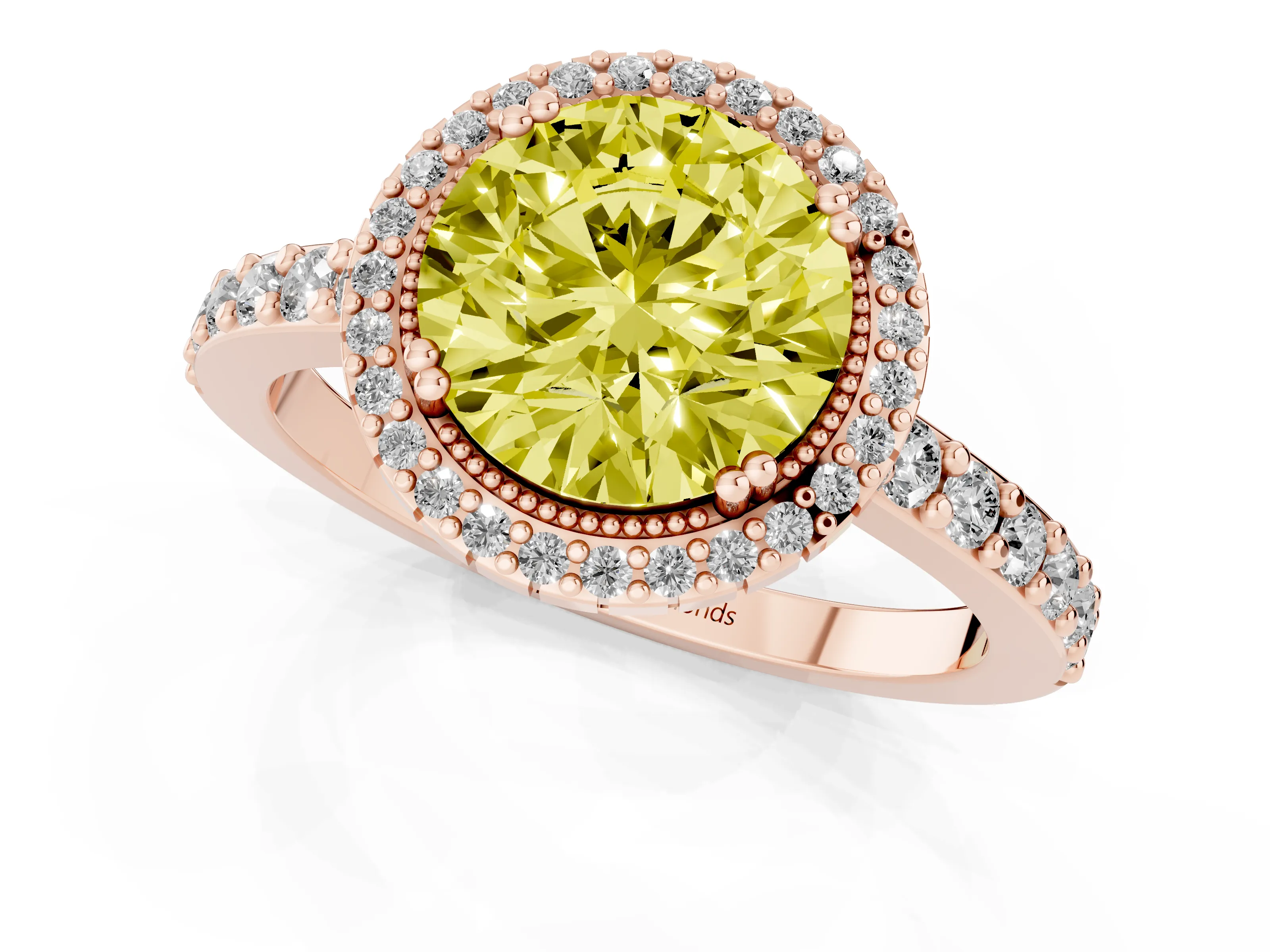 Fancy Yellow Round Cut Diamond Halo Engagement Ring Set in Rose gold with Milgrain Detail and Pavé Band