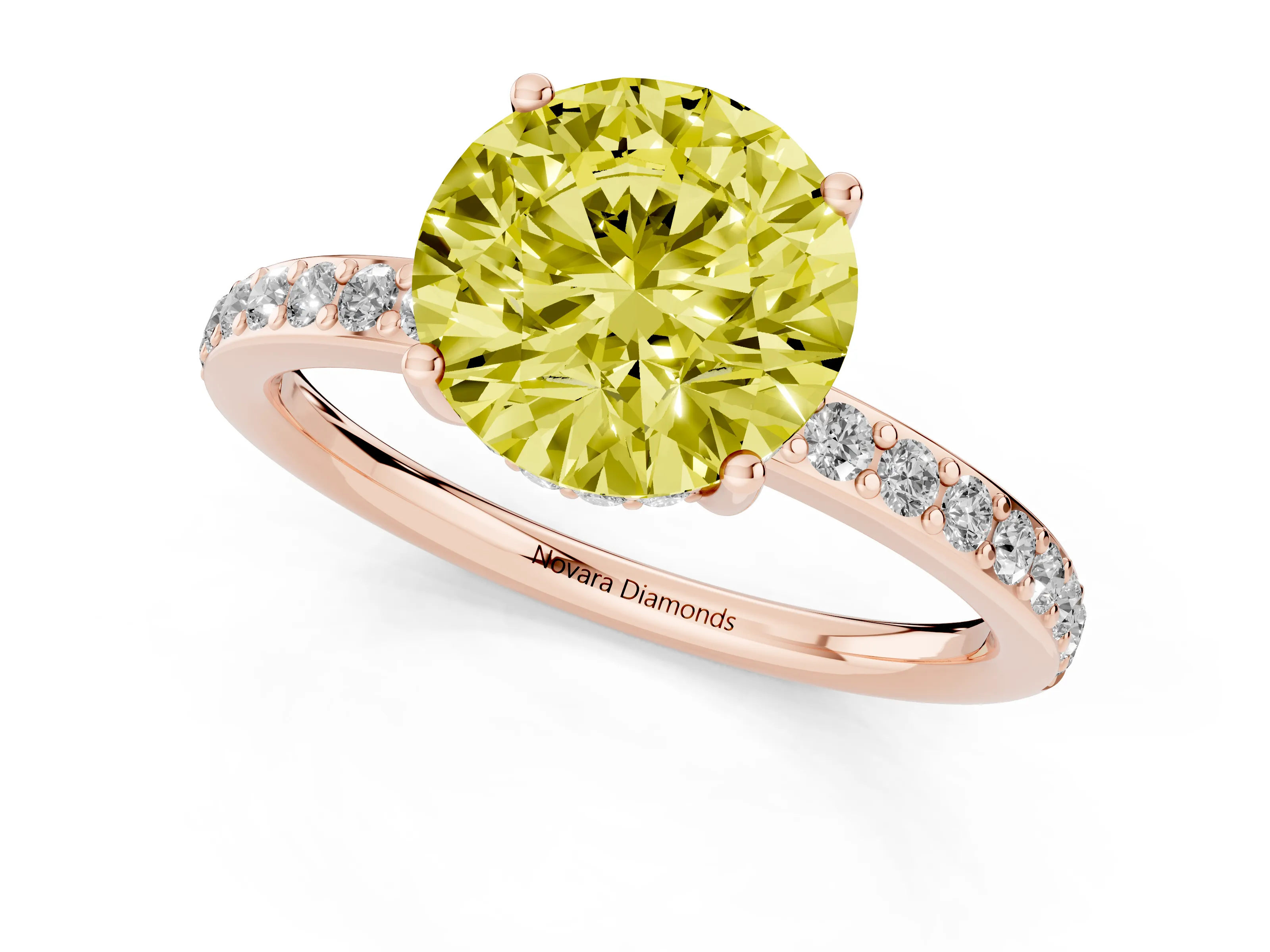 Fancy Yellow Round Cut Diamond Pavé Band Ring Set in Rose gold with Prong-Set Center Stone