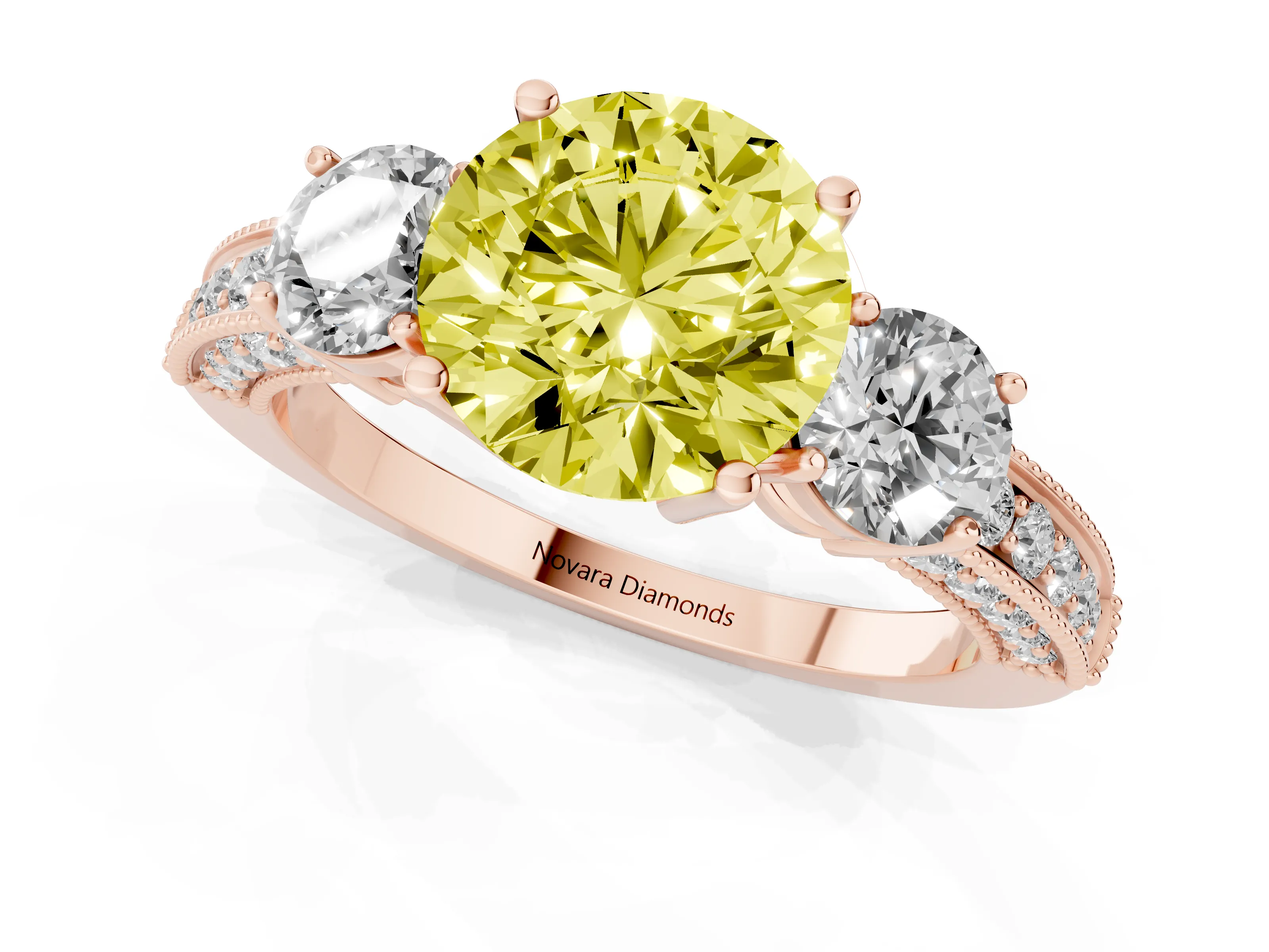 Fancy Yellow Round Cut Diamond Three-Stone Ring Set in Rose gold with Round Side Stones and Pavé Band