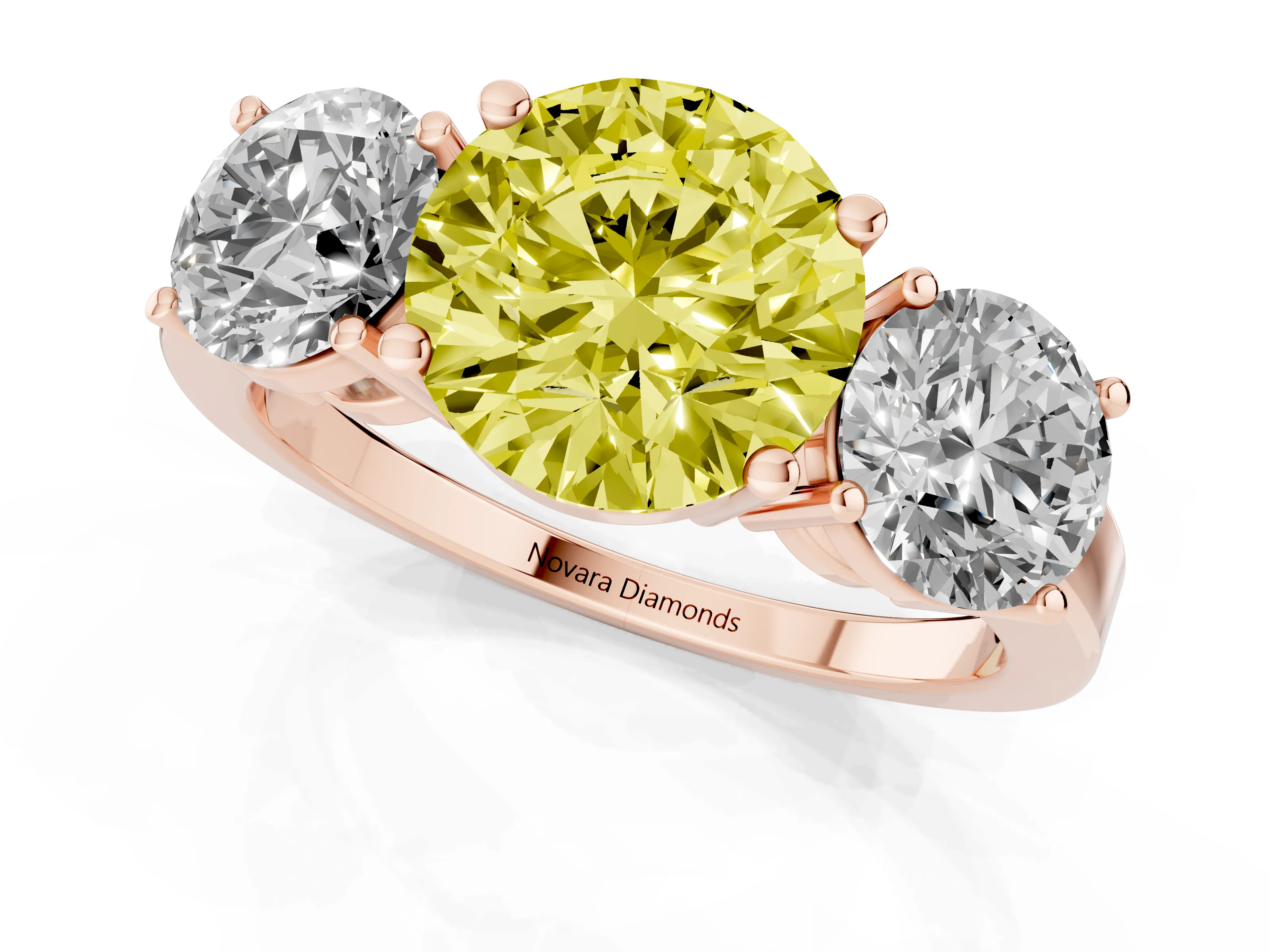 Fancy Yellow Round Cut Diamond Three-Stone Engagement Ring Set in Rose gold with Flat Band