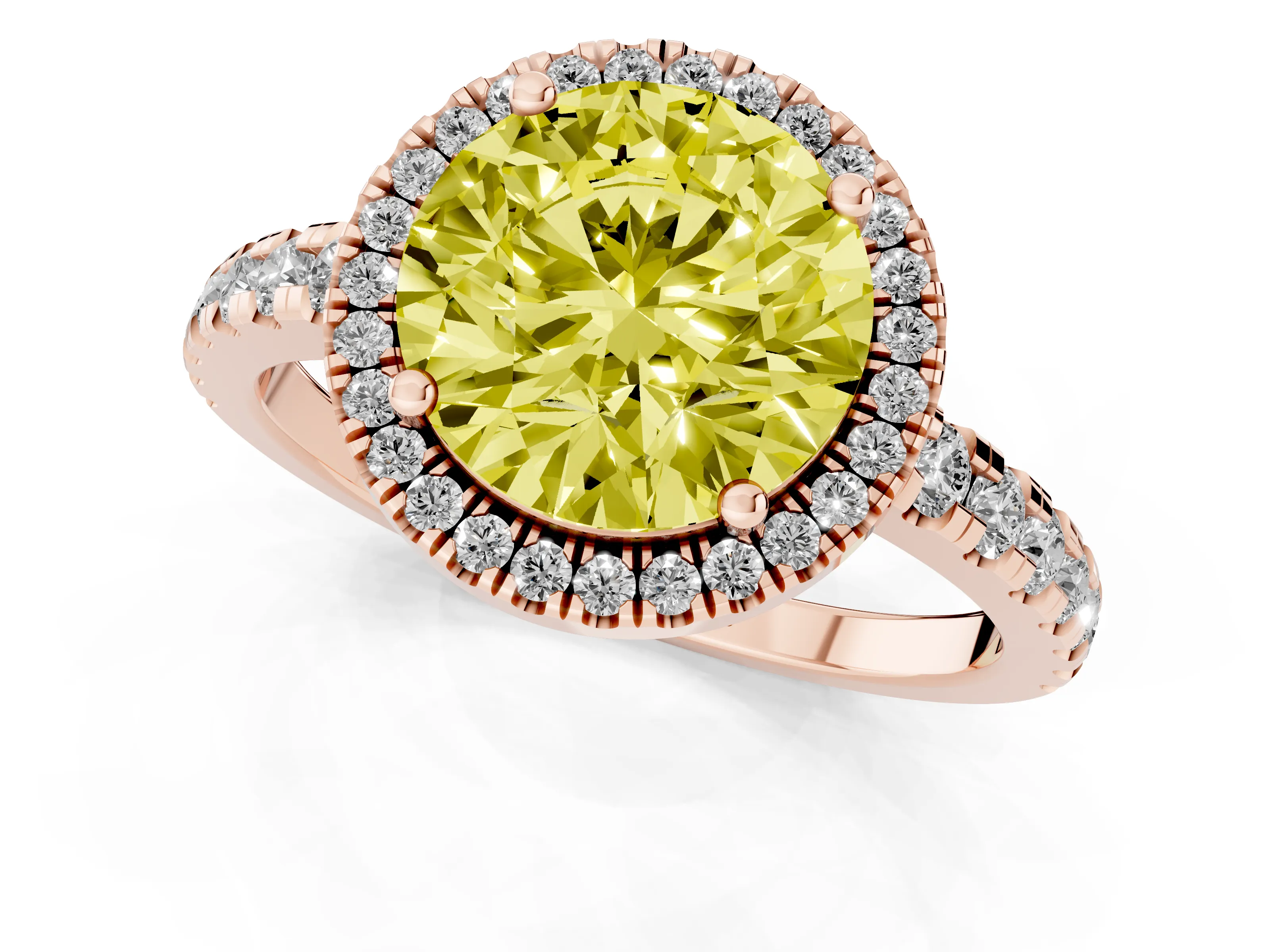 Fancy Yellow Round Cut Diamond Halo Ring Set in Rose gold with Delicate Pavé Band and Prong Setting
