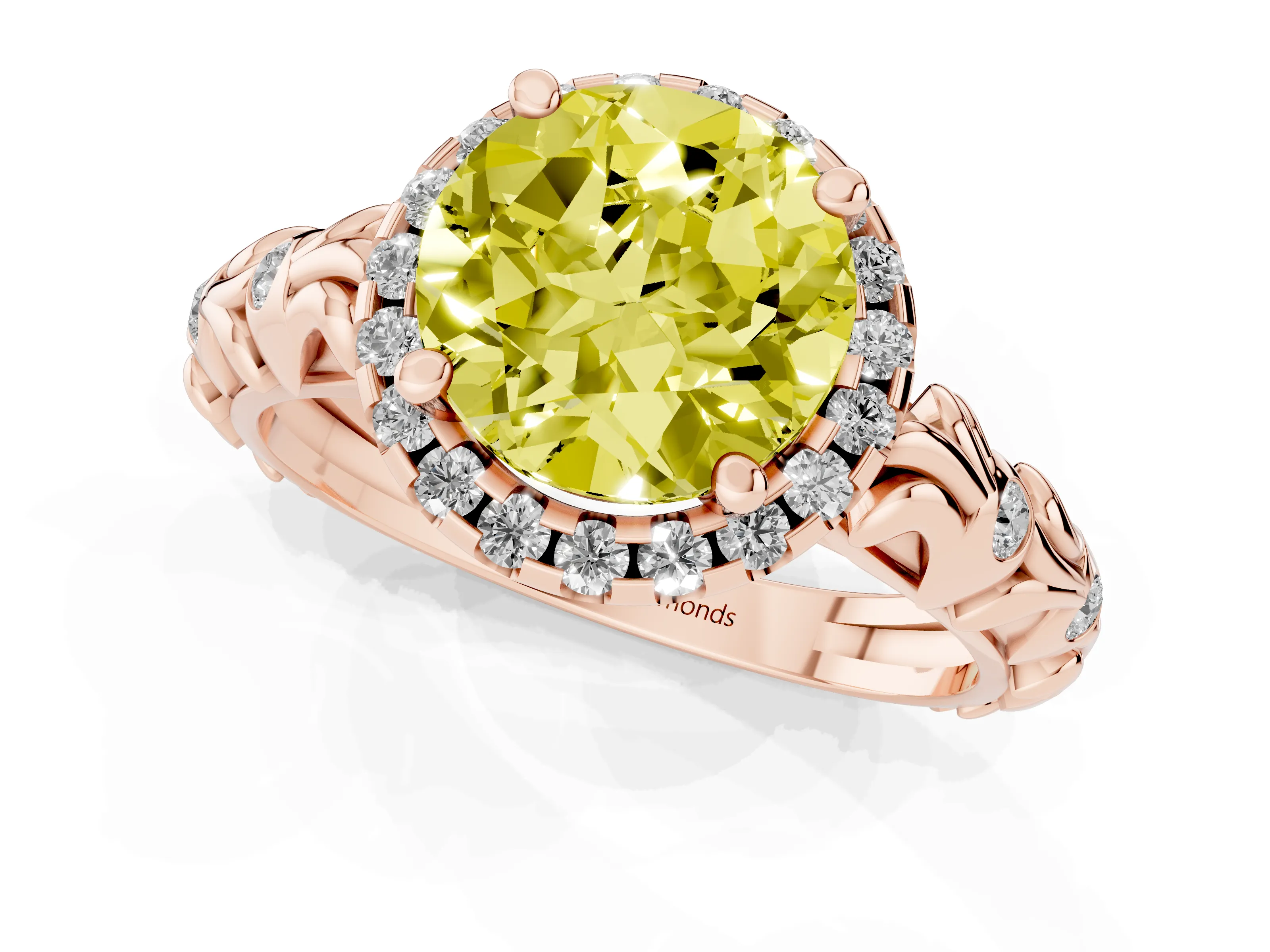 Fancy Yellow Round Cut Diamond Halo Ring Set in Rose gold with Filigree Leaf Band and Prong Setting