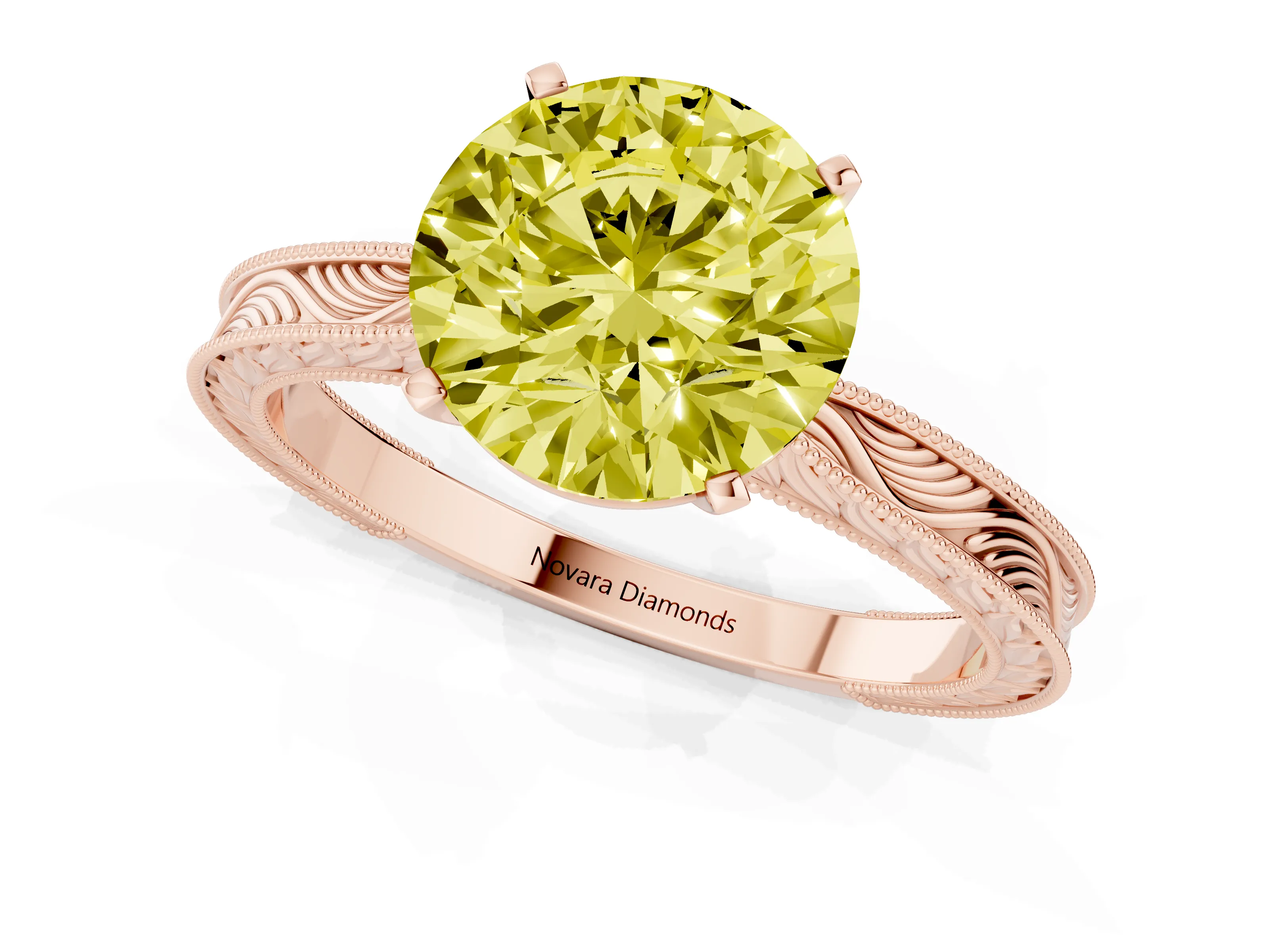 Fancy Yellow Round Cut Diamond Solitaire Milgrain Engraved Band Set in Rose gold with Prong Setting