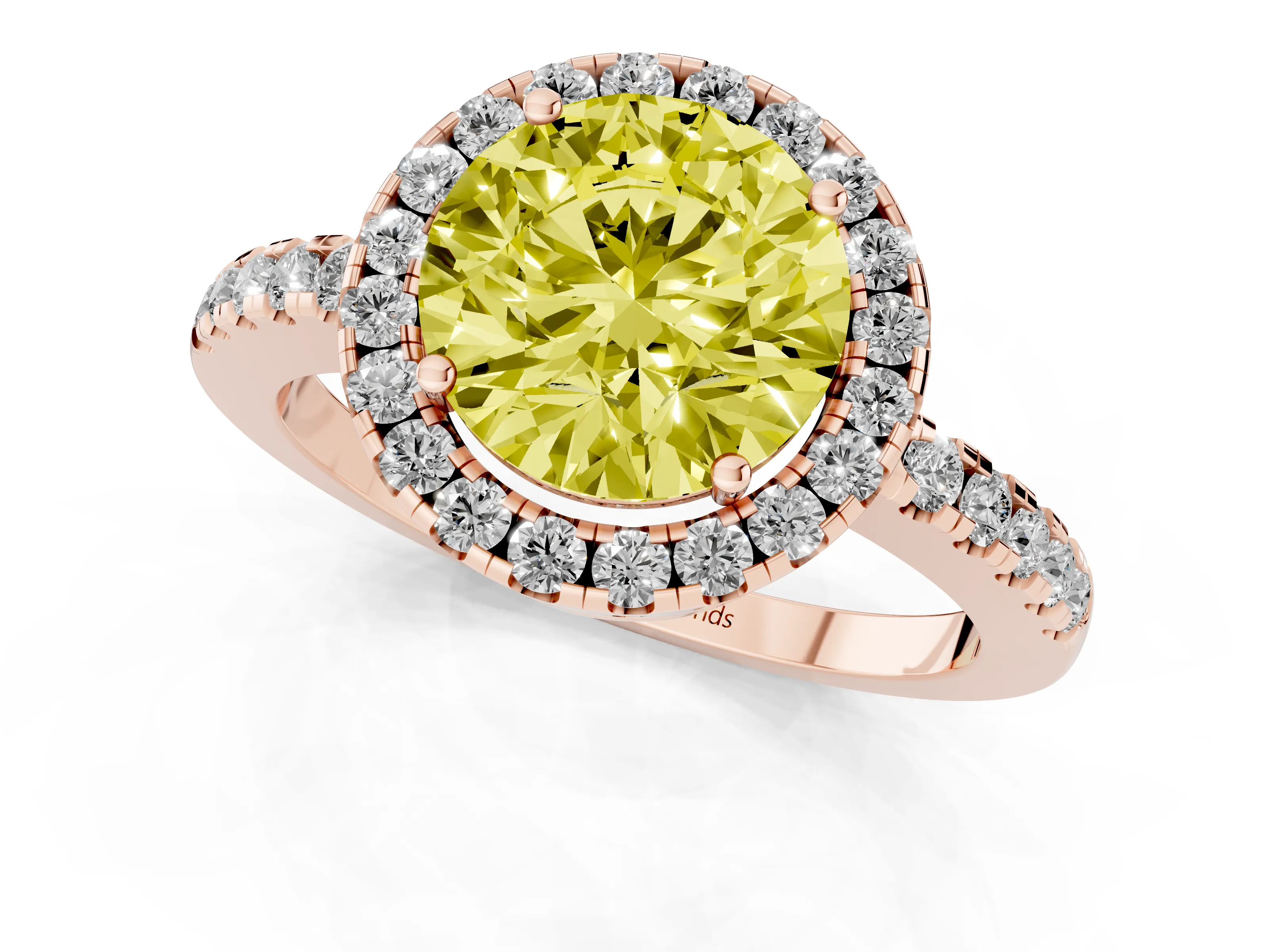Fancy Yellow Round Cut Diamond Pavé Band Halo Engagement Ring Set in Rose gold with Prong Setting