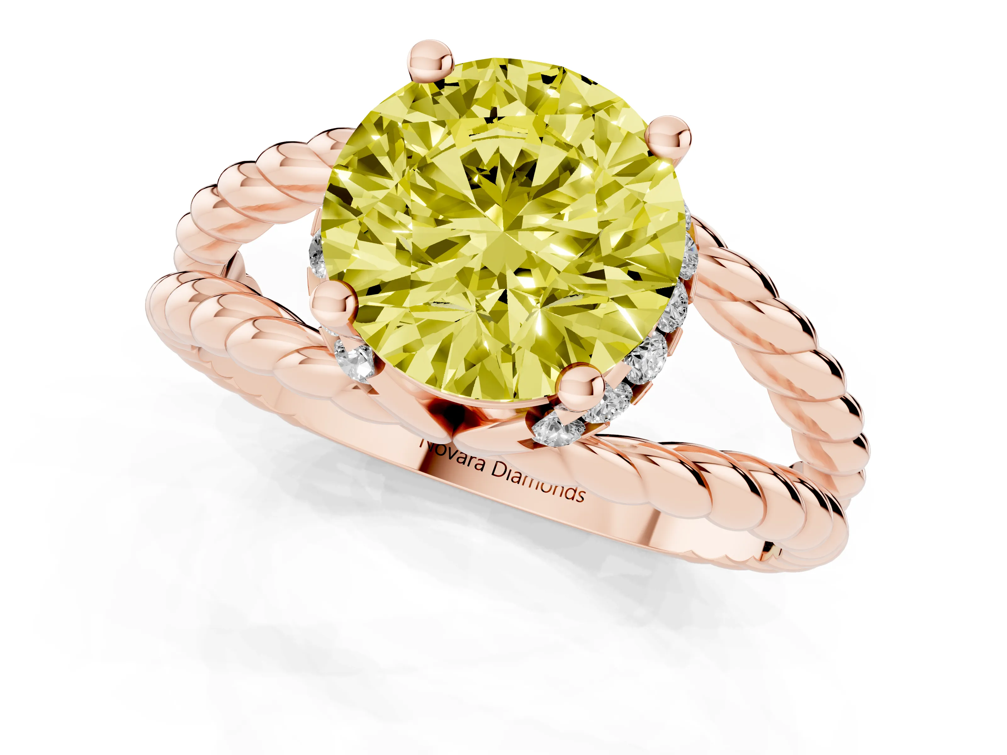 Fancy Yellow Round Cut Diamond Halo Ring Set in Rose gold with Twisted Band and Prong Setting