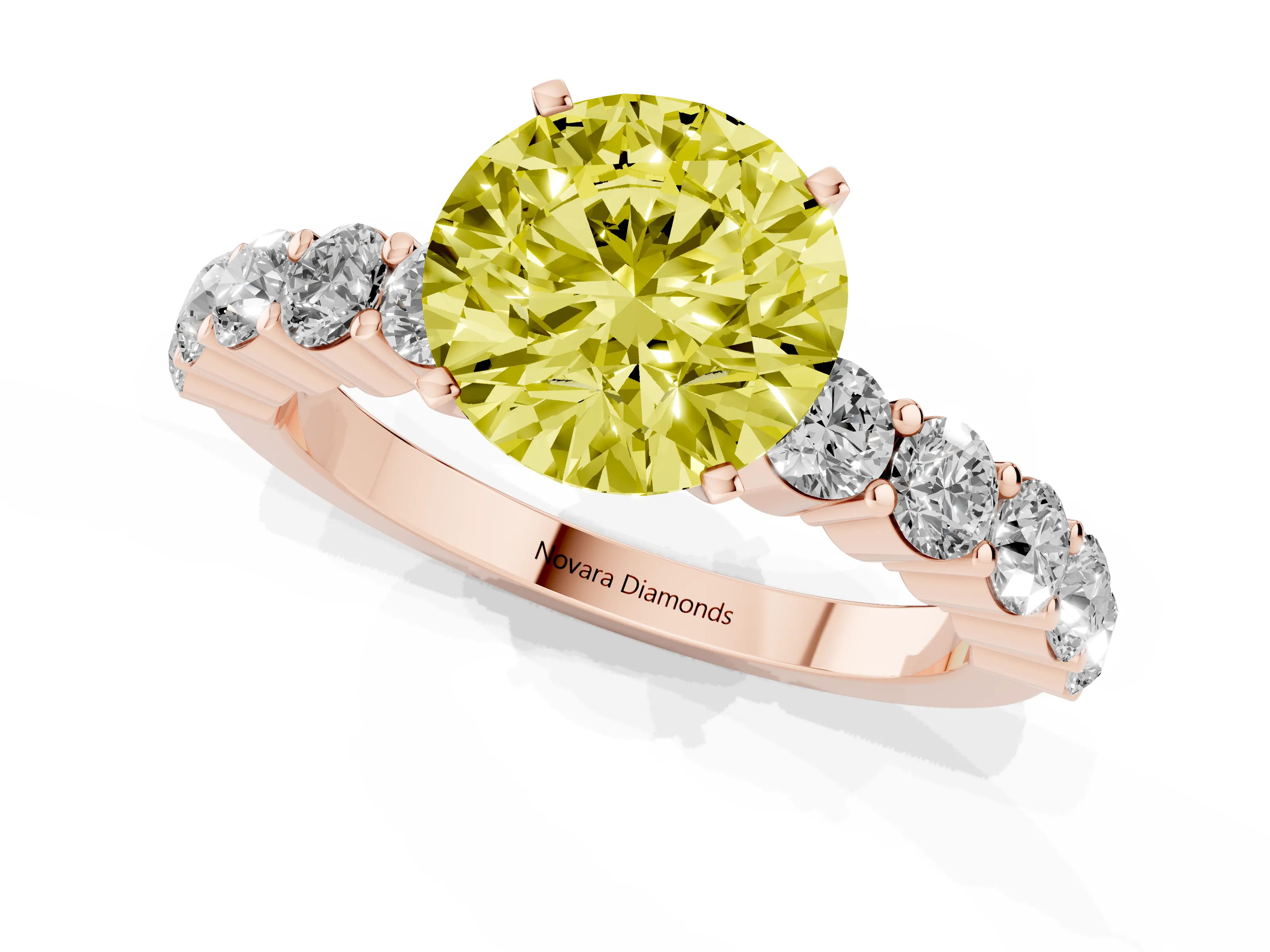 Fancy Yellow Round Cut Diamond Solitaire Ring Set in Rose gold with Shared Prong Round Side Stones