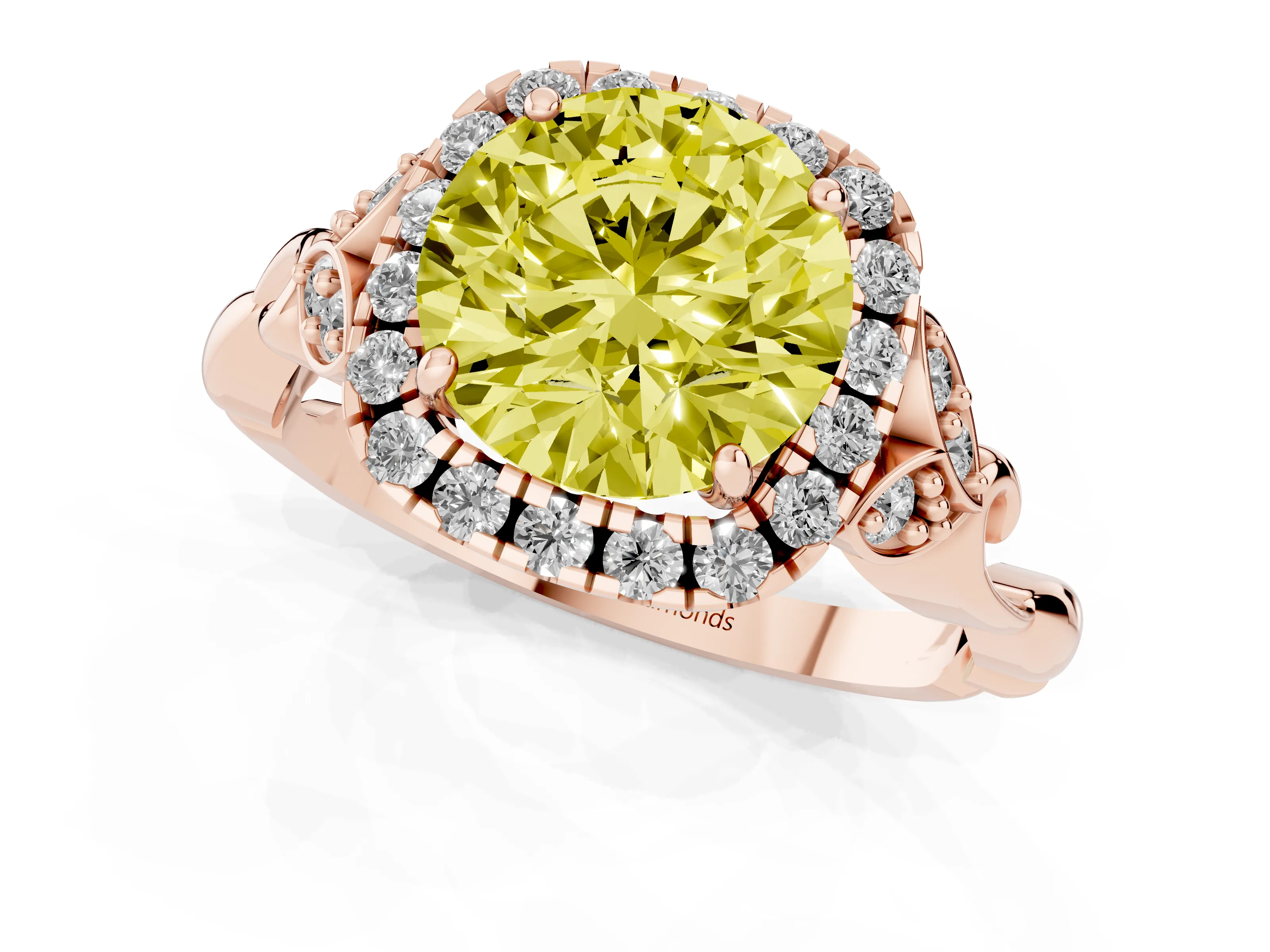 Fancy Yellow Round Cut Diamond Halo Engagement Ring Set in Rose gold with Vintage-Inspired Band and Prong Setting
